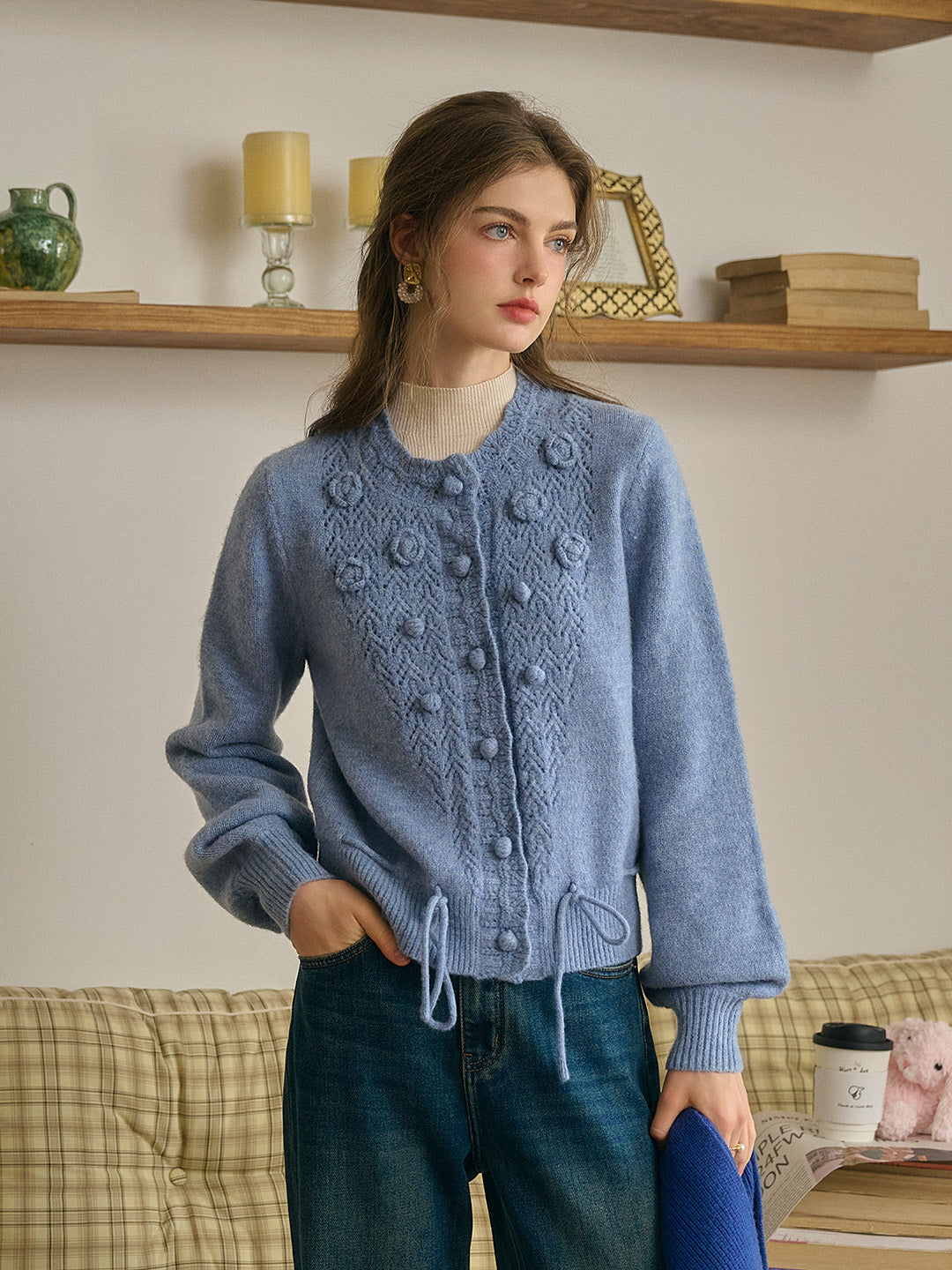 Maddie Round Neck Hollow 3D Flower Knitted Wool Cardigan - Red