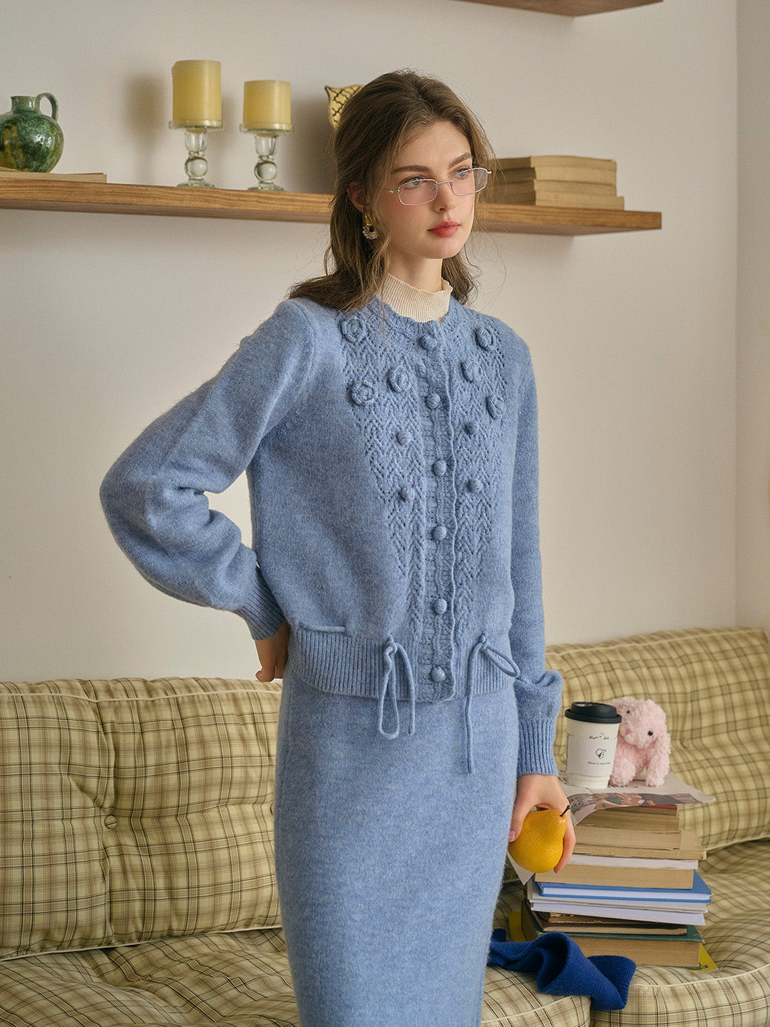 Maddie Round Neck Hollow 3D Flower Knitted Wool Cardigan - Red