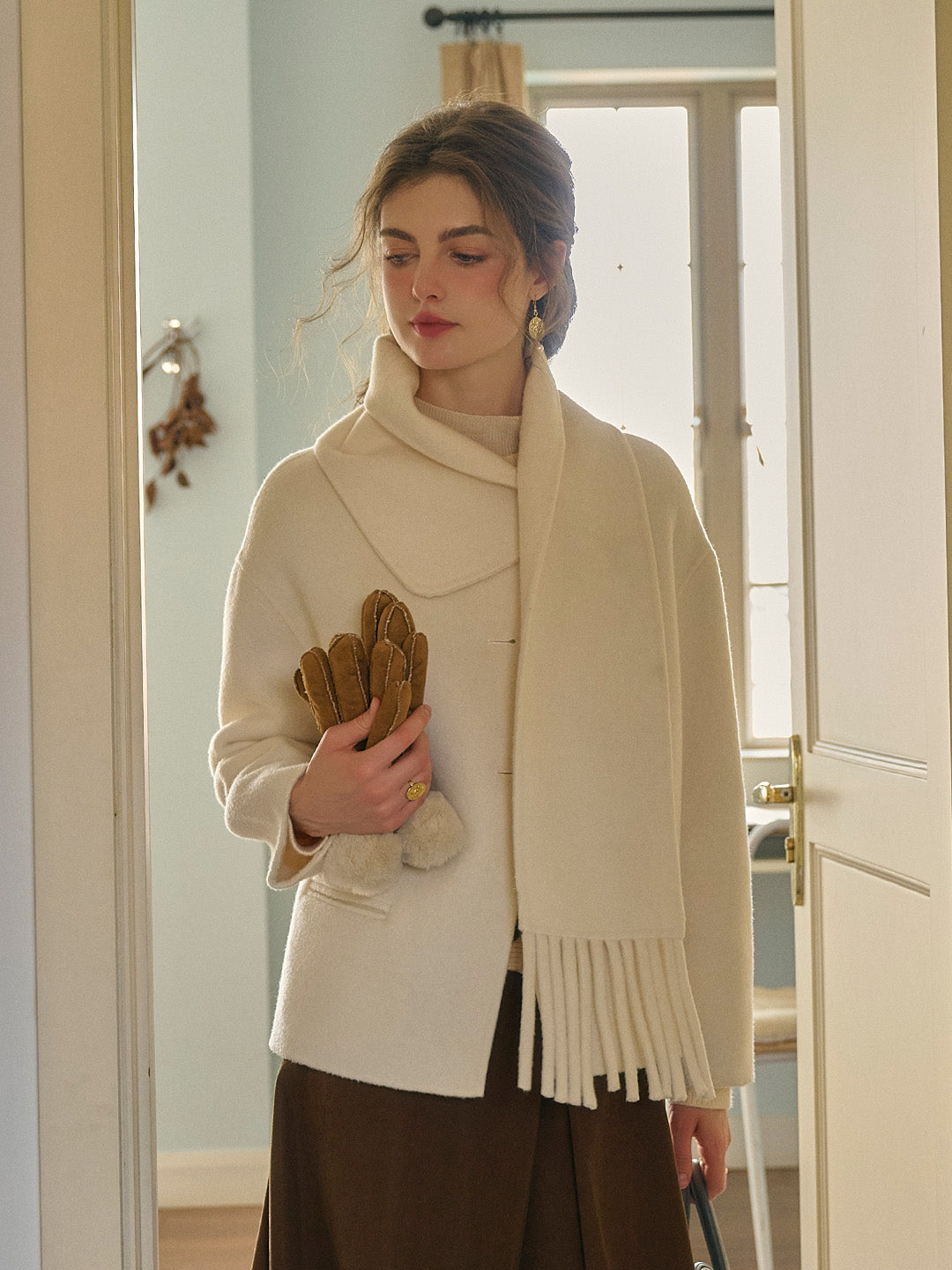 Bellamy Dropped Shoulders Tassel Collar Wool Coat (With Detachable Fringed Scarf)