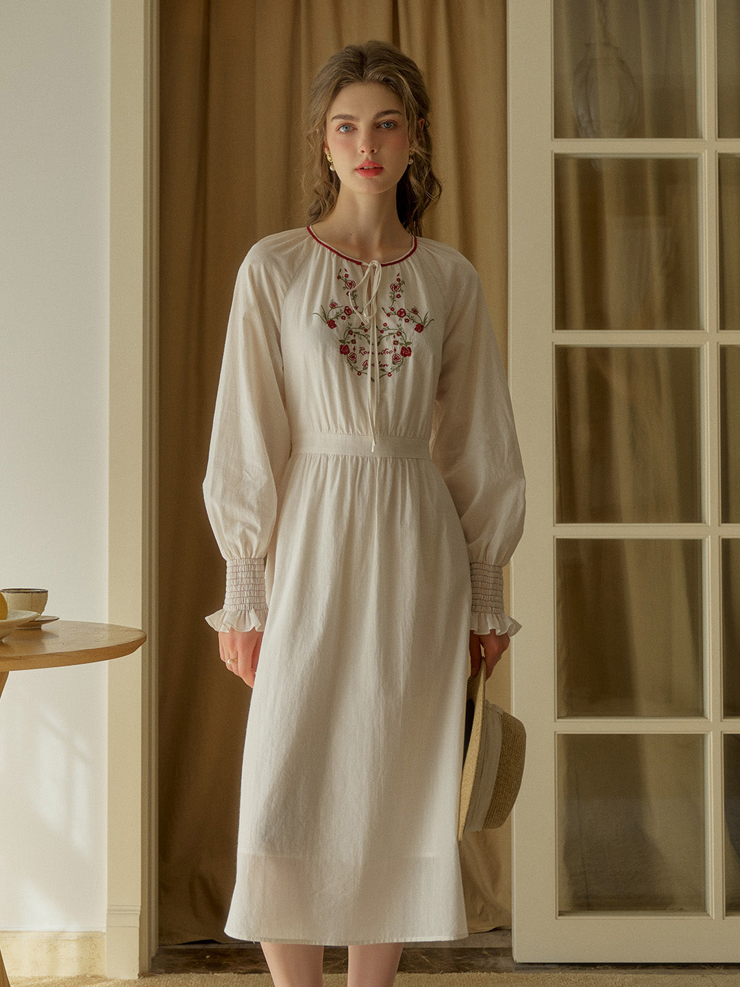 【Final Sale】Zinnia Round Neck Rose Embroidered Dress
