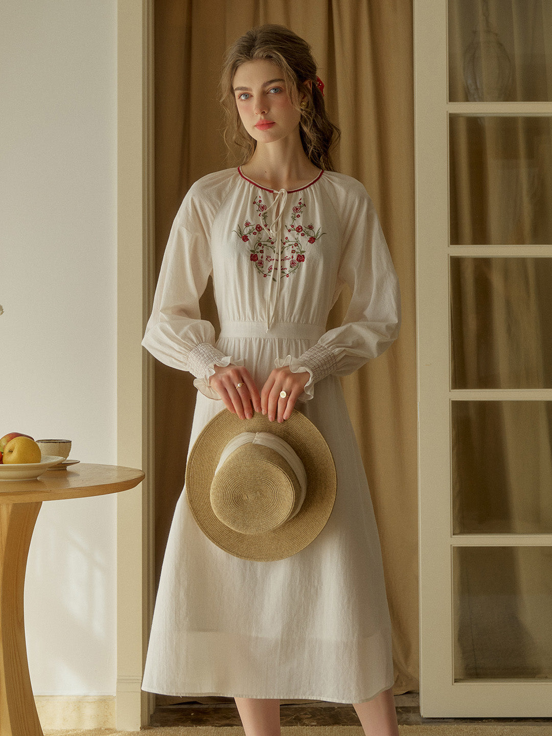 【Final Sale】Zinnia Round Neck Rose Embroidered Dress