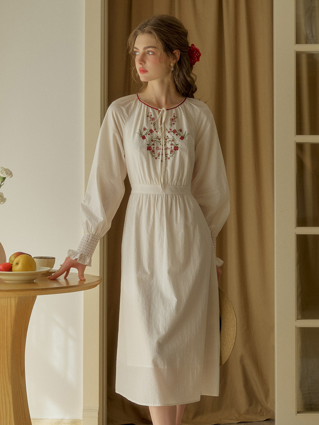 【Final Sale】Zinnia Round Neck Rose Embroidered Dress