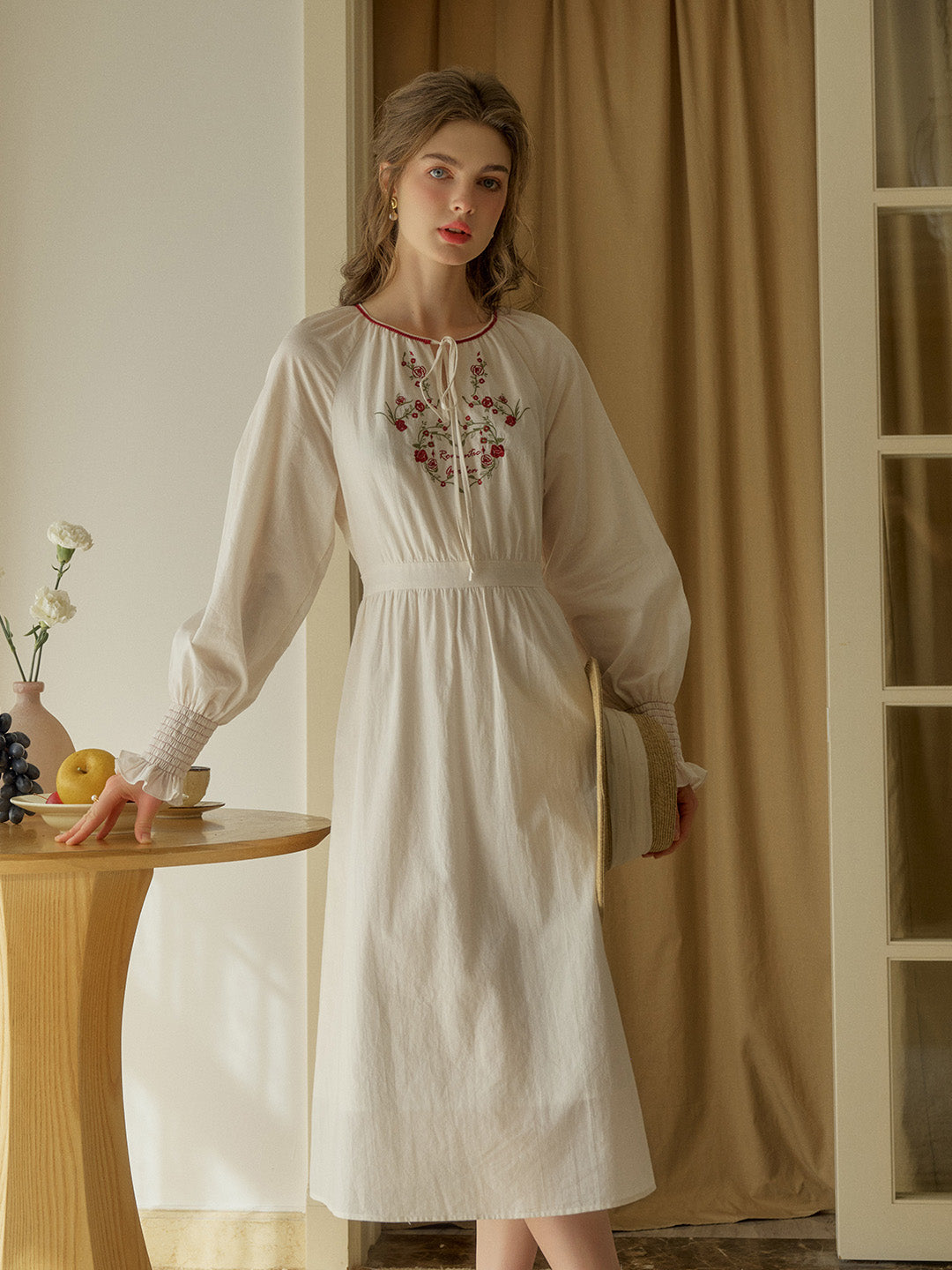 【Final Sale】Zinnia Round Neck Rose Embroidered Dress