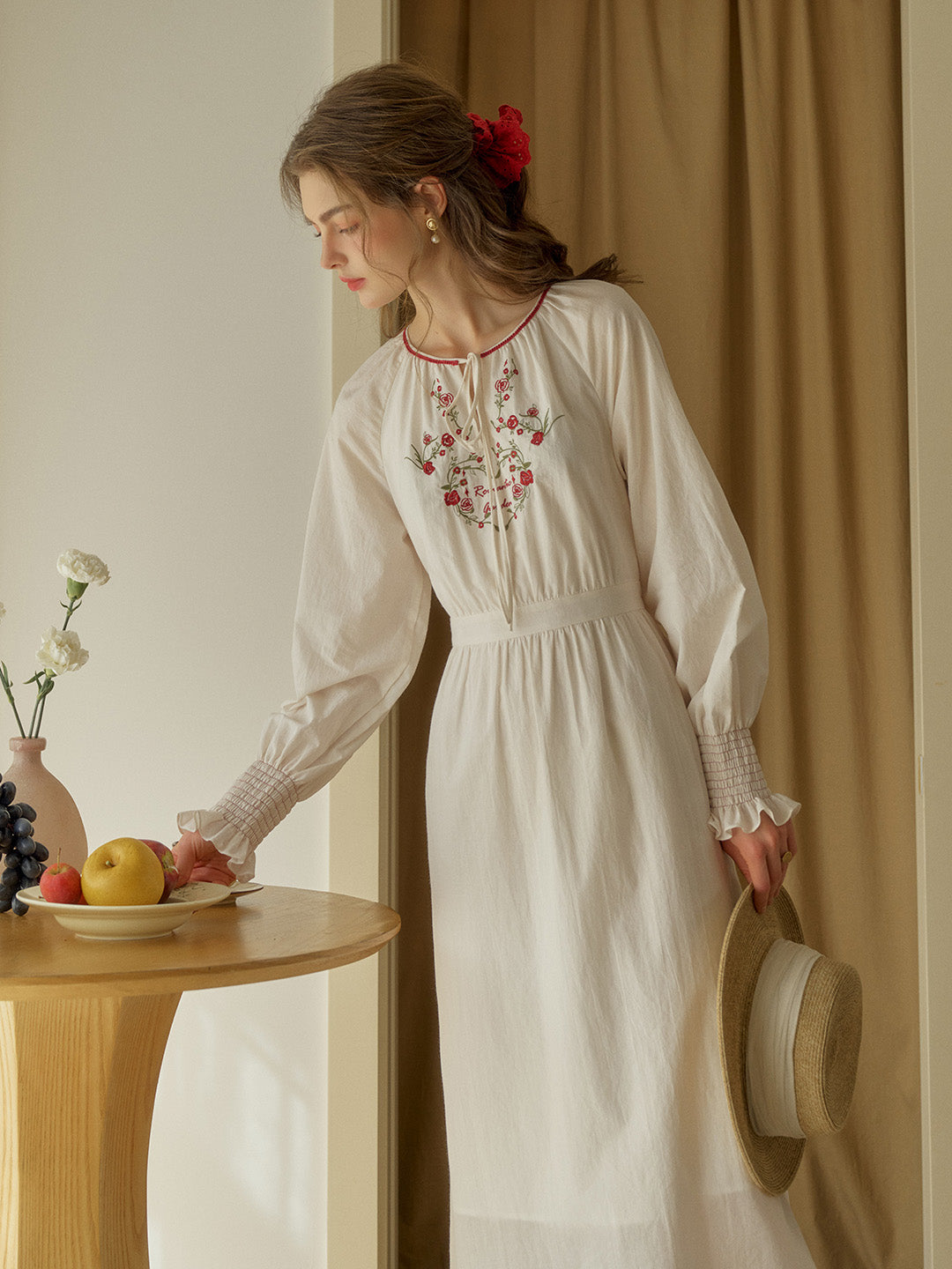 【Final Sale】Zinnia Round Neck Rose Embroidered Dress