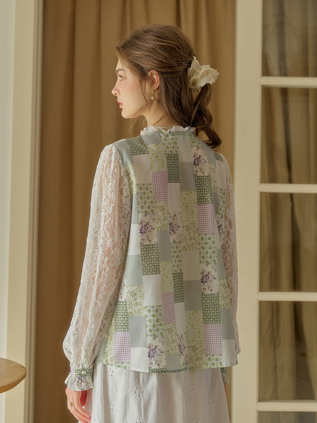 【Final Sale】Vivienne Lace Collar Patchwork Blouse - Yellow