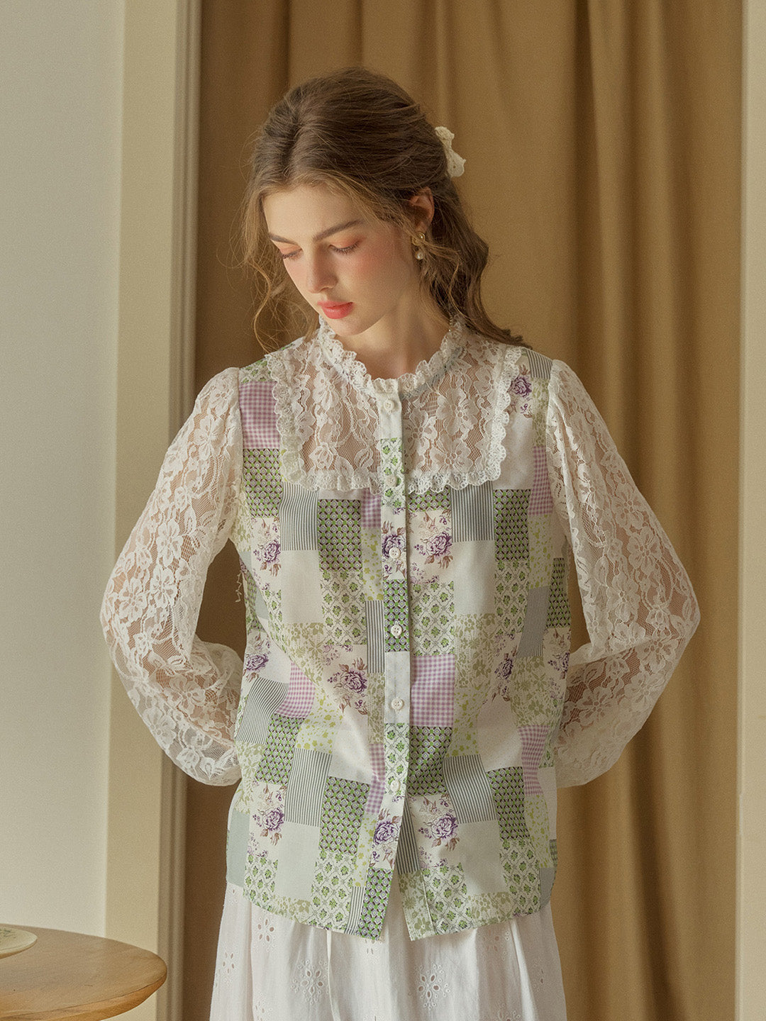 【Final Sale】Vivienne Lace Collar Patchwork Blouse - Yellow
