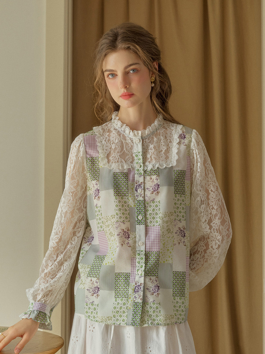 【Final Sale】Vivienne Lace Collar Patchwork Blouse - Yellow