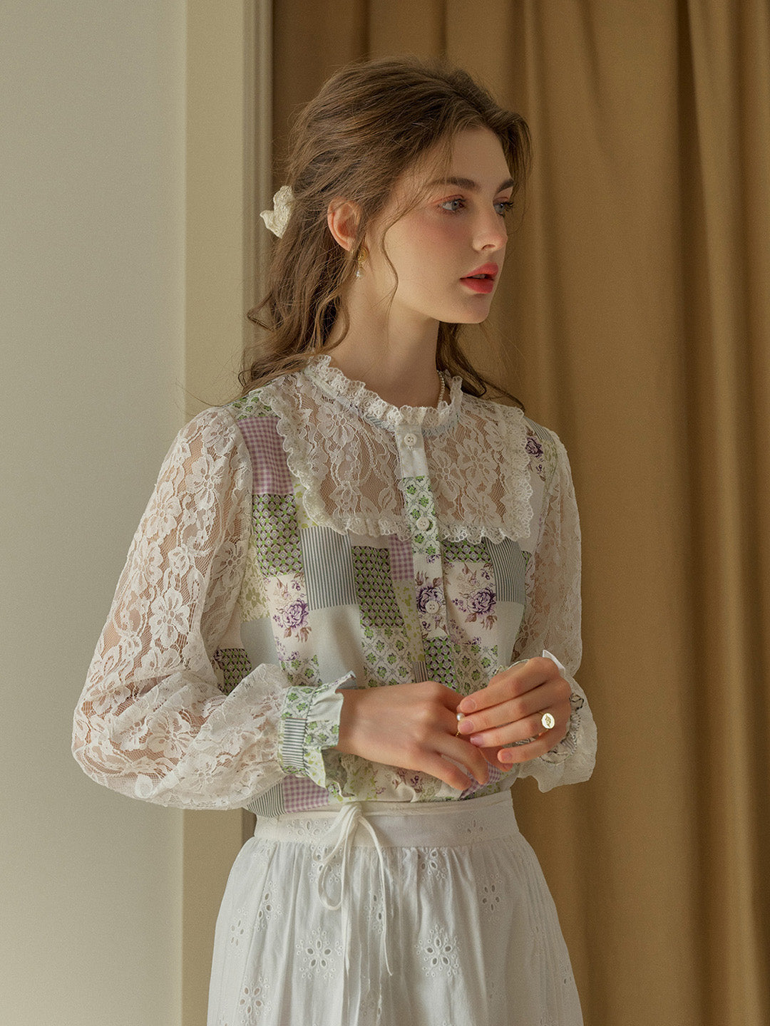 【Final Sale】Vivienne Lace Collar Patchwork Blouse - Yellow