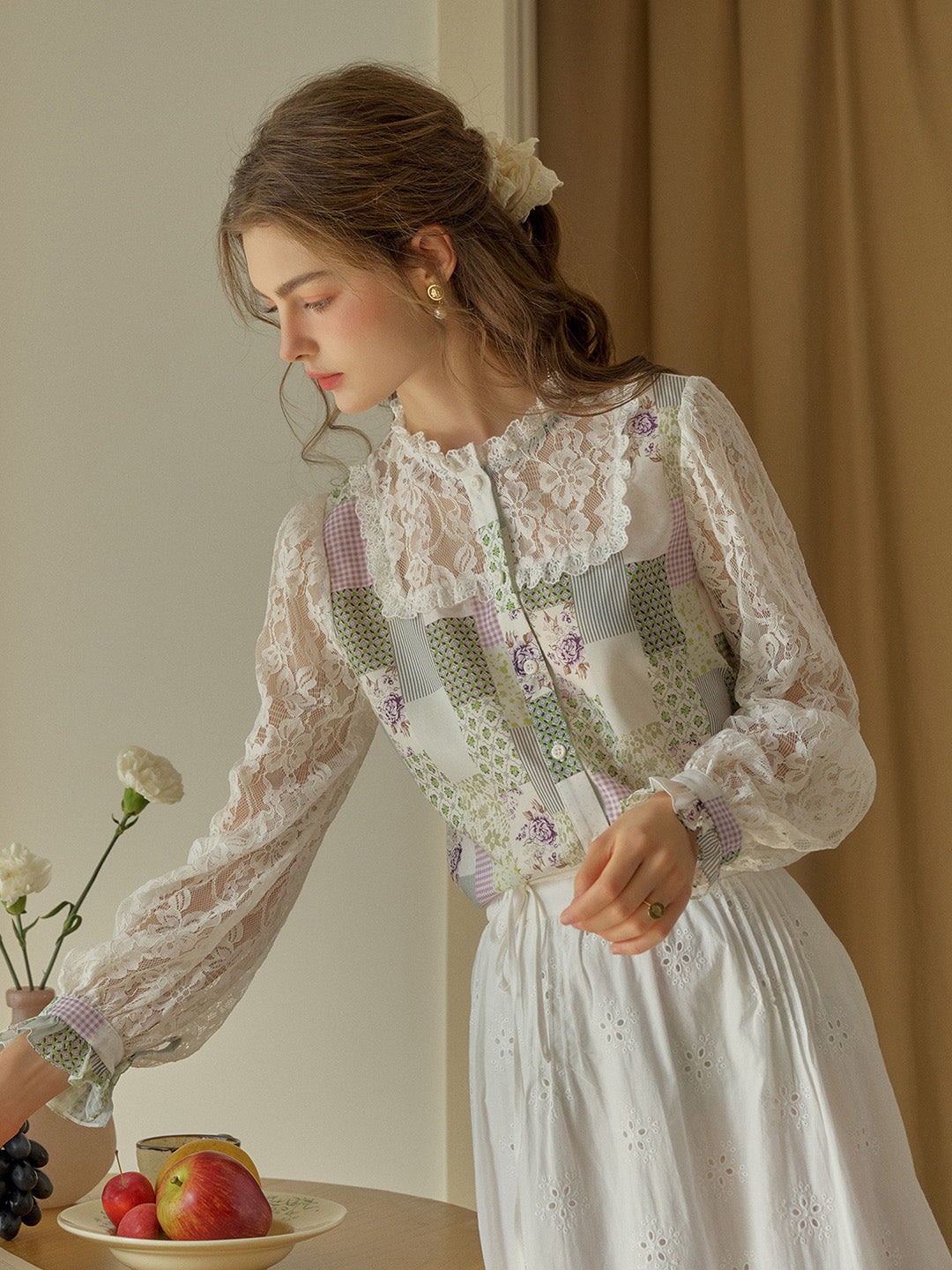 【Final Sale】Vivienne Lace Collar Patchwork Blouse - Yellow