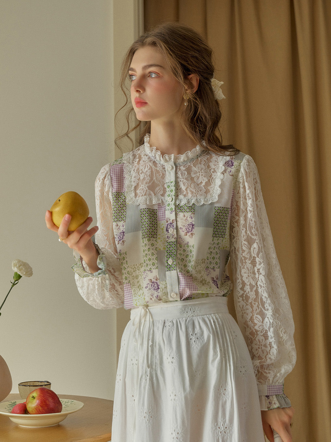 【Final Sale】Vivienne Lace Collar Patchwork Blouse - Yellow