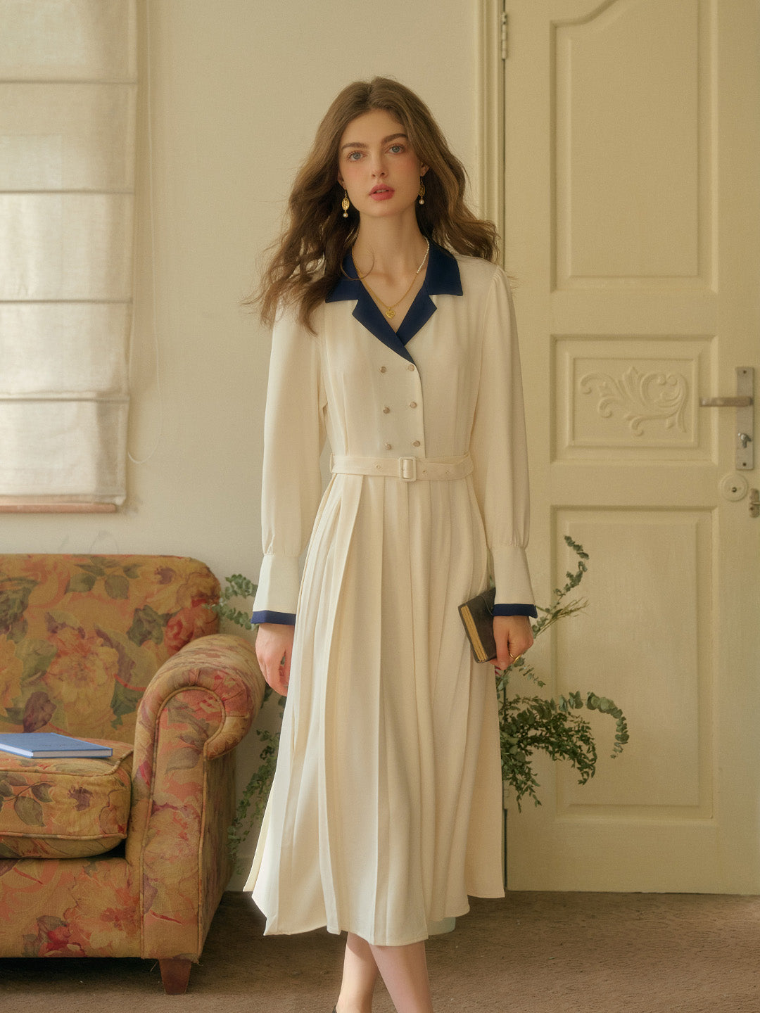 Simone Vintage Double Breasted Colorblock Collar Navy Dress