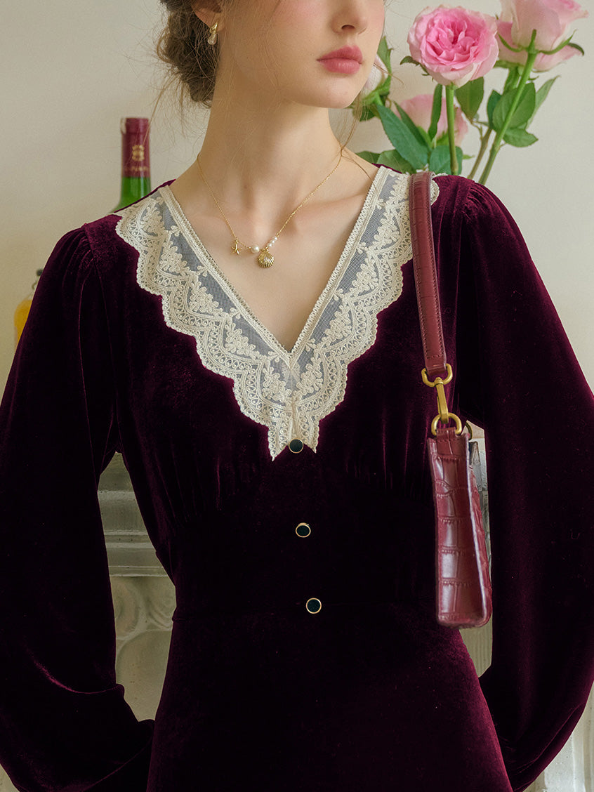 Kristen Elegant V-Neck Contrasting Lace Velvet Dress