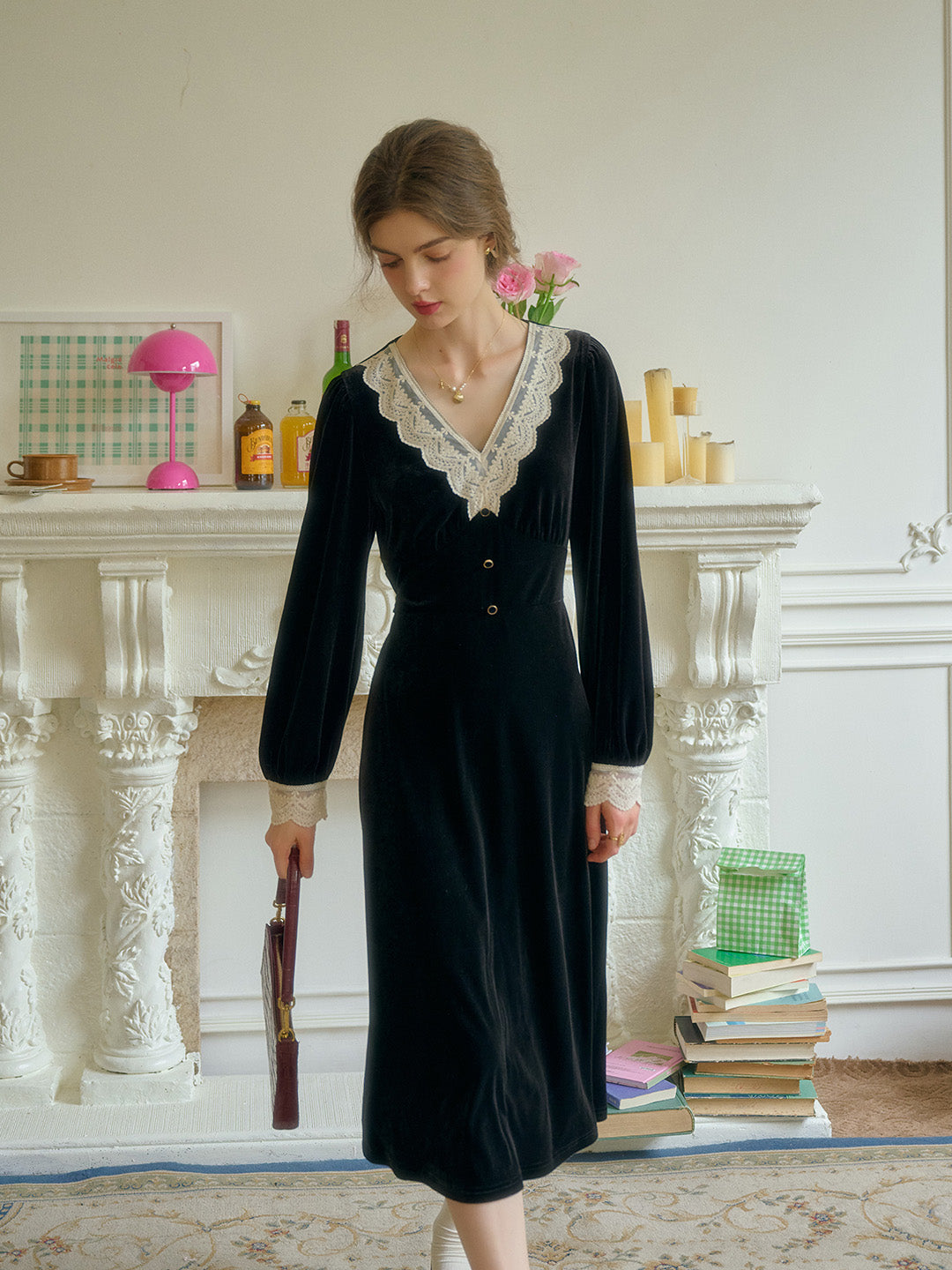 Kristen Elegant V-Neck Contrasting Lace Velvet Dress