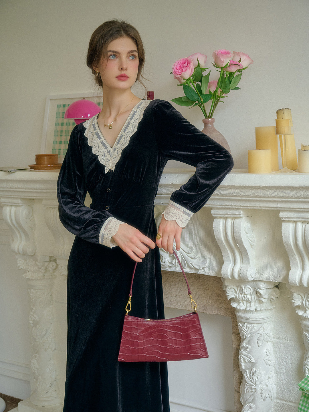 Kristen Elegant V-Neck Contrasting Lace Velvet Dress