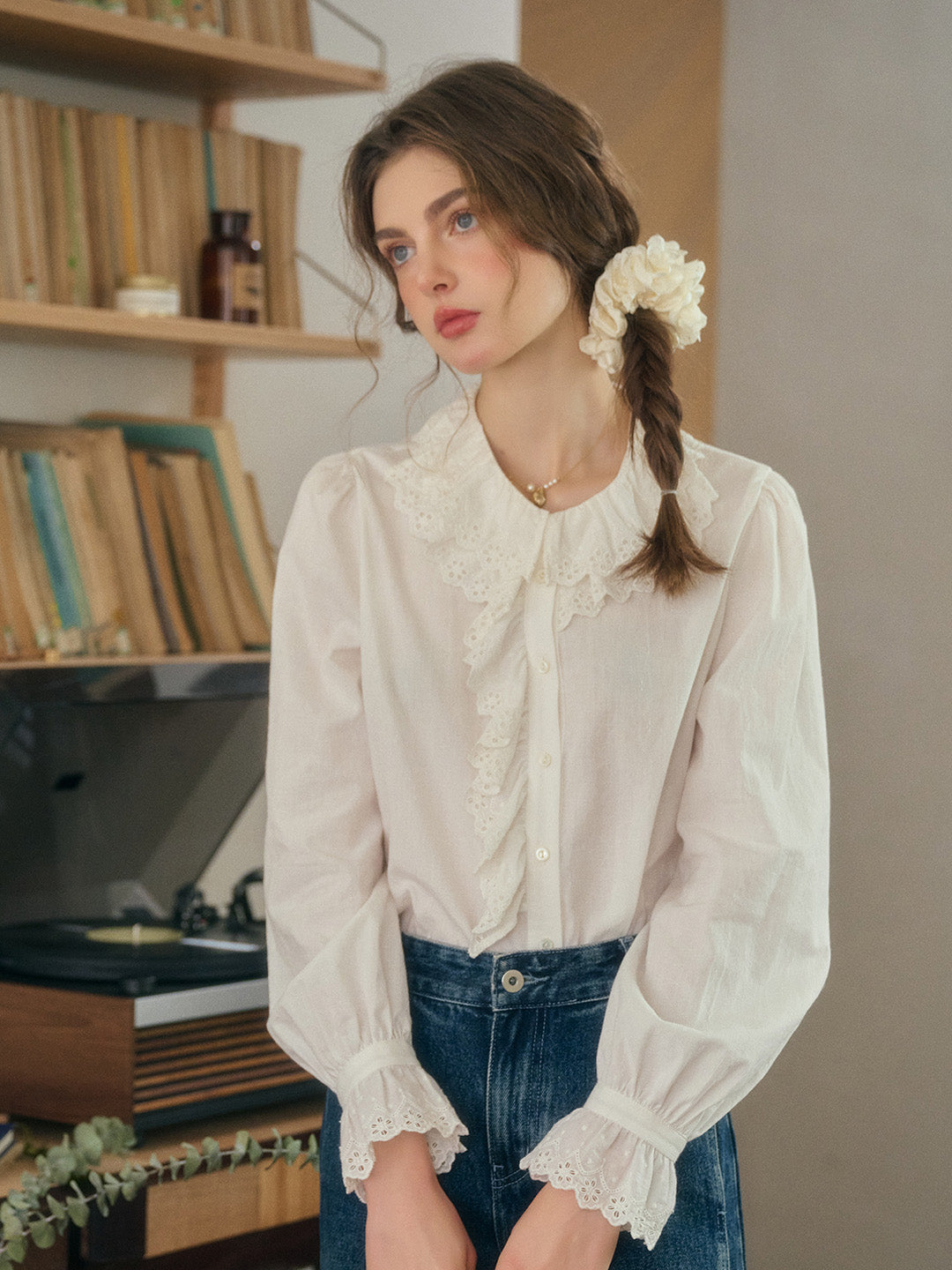 Azalea Double-Layered Lace Ruffled Collar Hollow Cotton Blouse