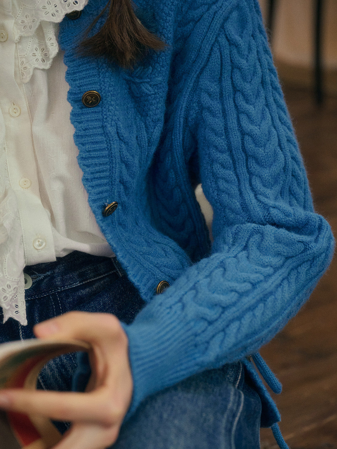 Vesper Wavy Neck Ribbed Wool Cardigan - Blue