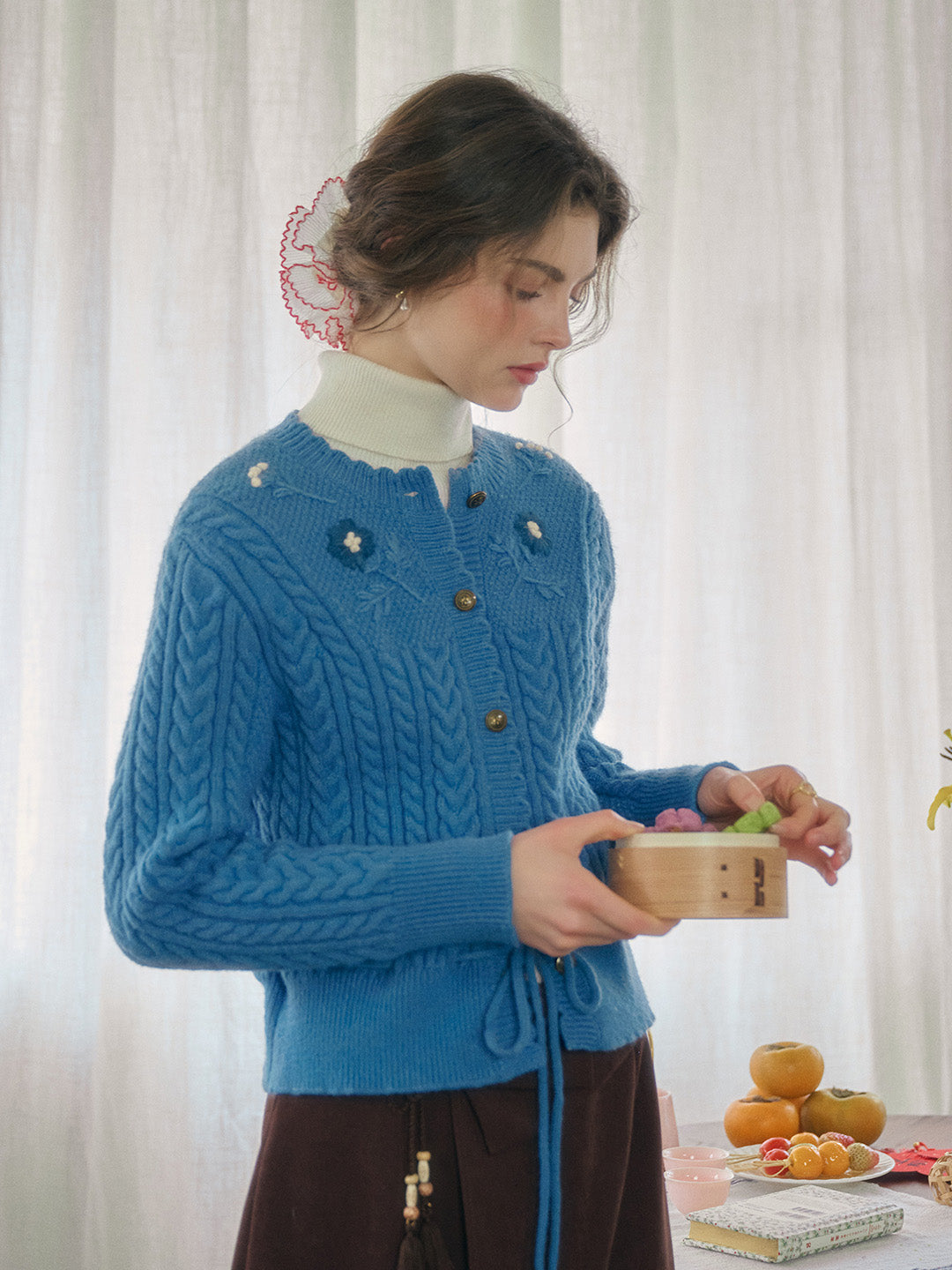 Vesper Wavy Neck Ribbed Wool Cardigan - Blue