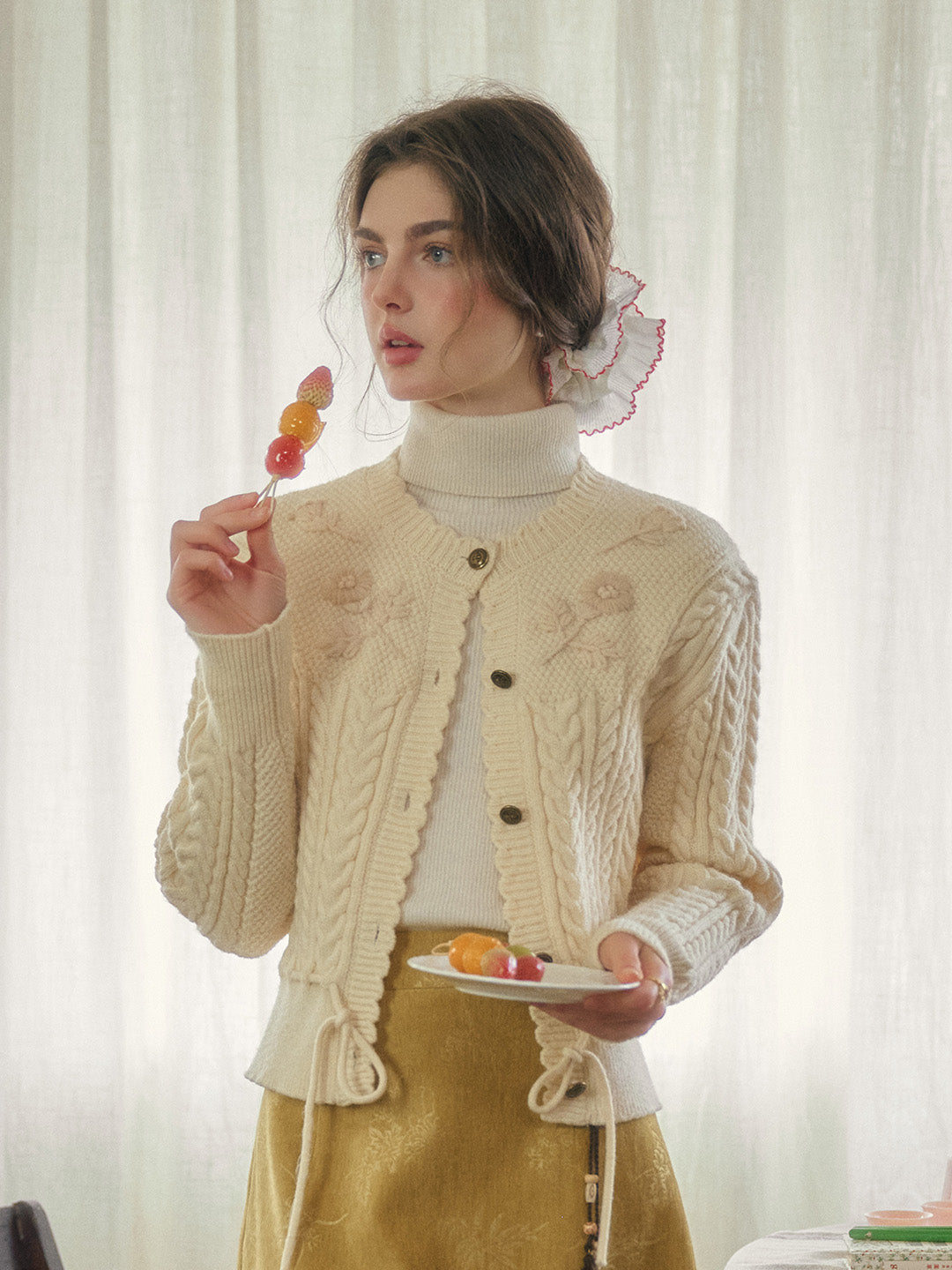 Vesper Wavy Neck Ribbed Wool Cardigan - Blue