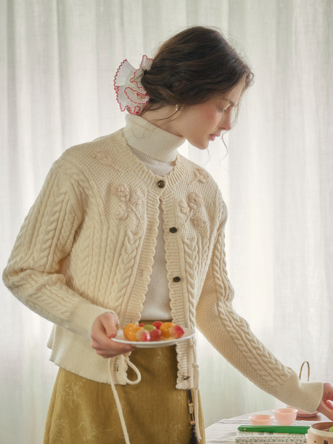 Vesper Wavy Neck Ribbed Wool Cardigan - Blue