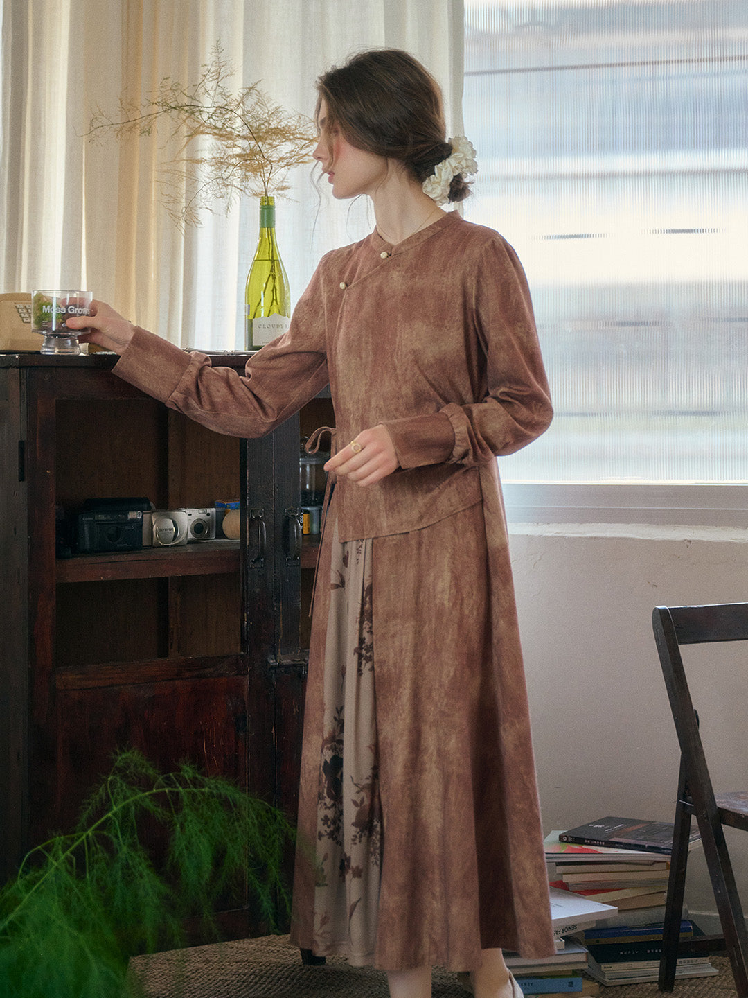 Mira Mandarin Collar Layered Floral Linen Dress