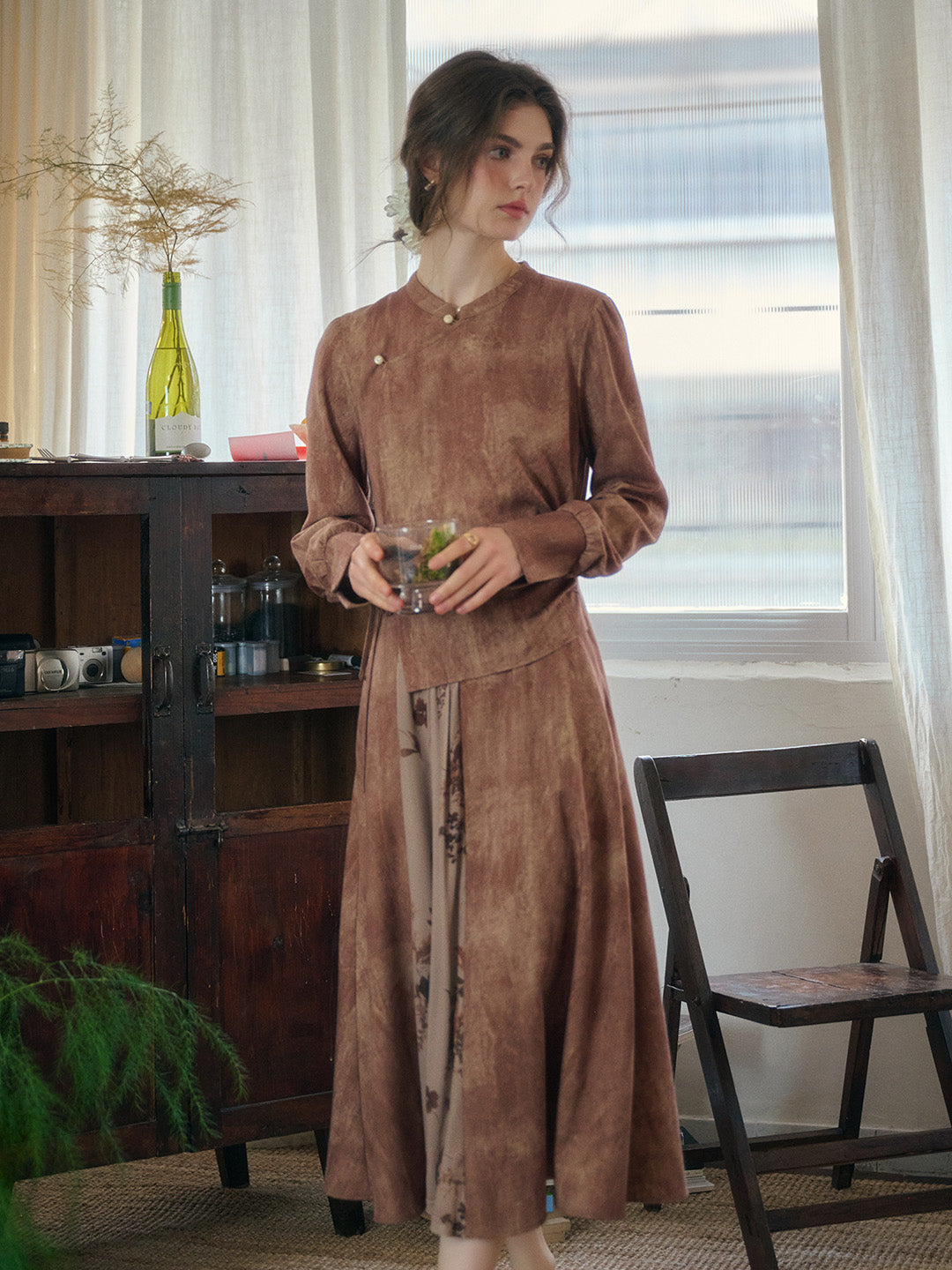 Mira Mandarin Collar Layered Floral Linen Dress
