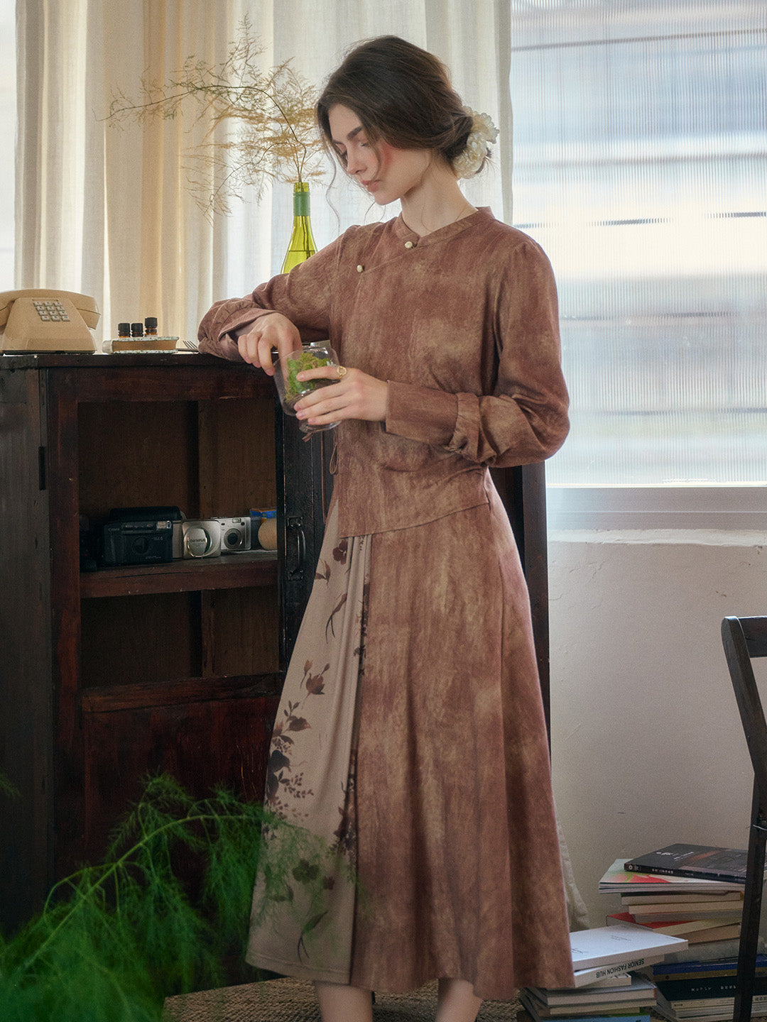 Mira Mandarin Collar Layered Floral Linen Dress