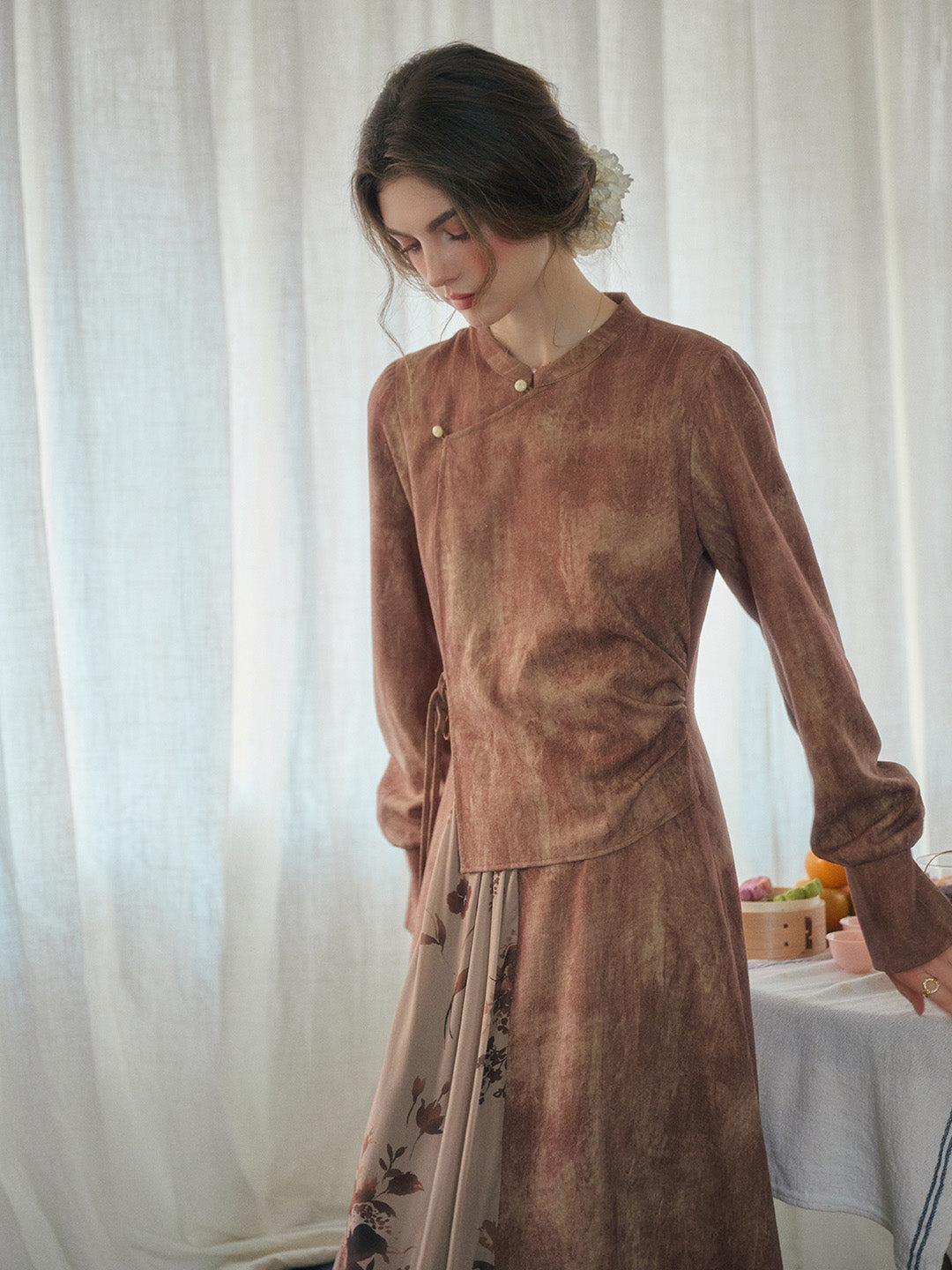 Mira Mandarin Collar Layered Floral Linen Dress