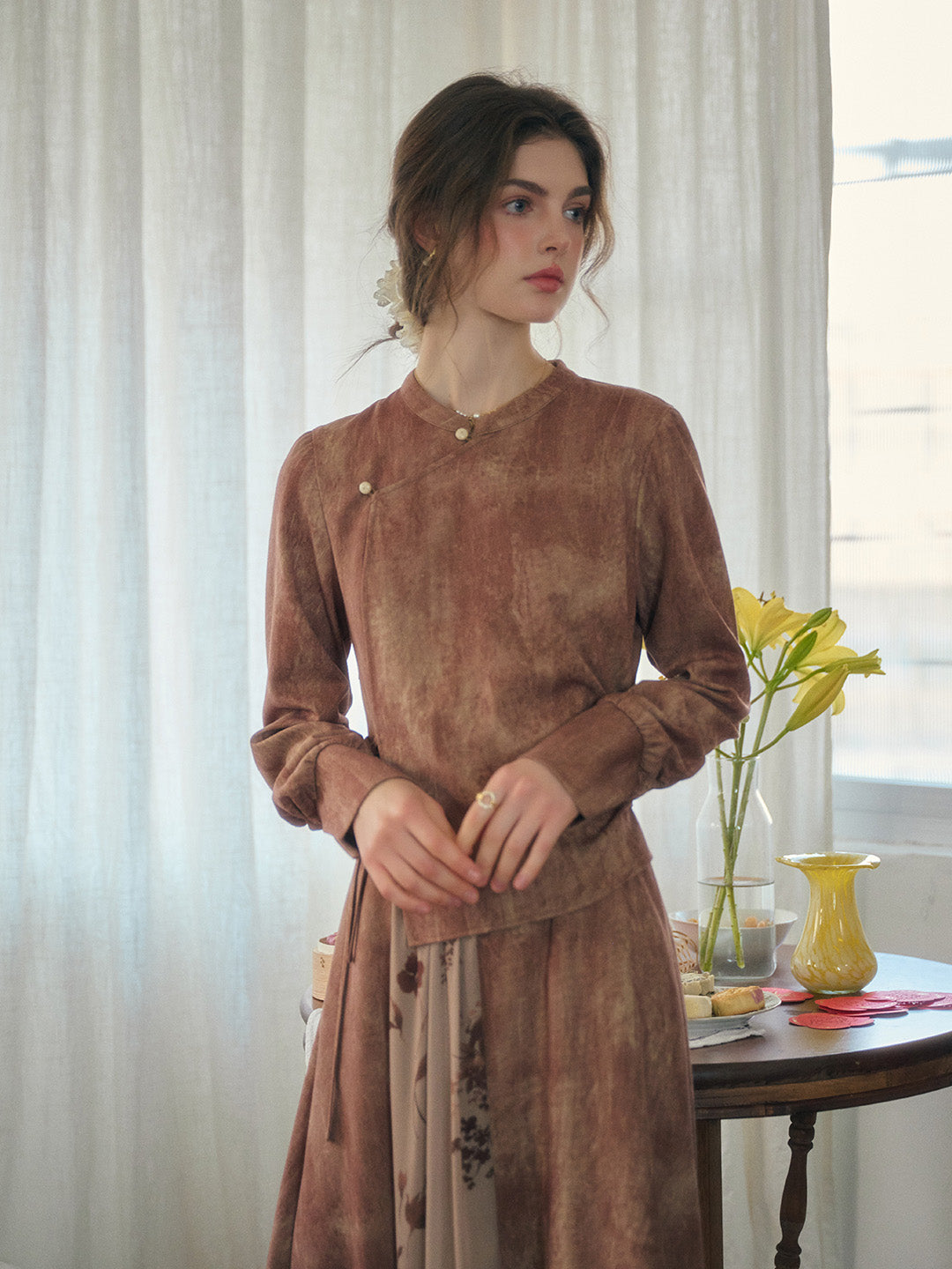 Mira Mandarin Collar Layered Floral Linen Dress