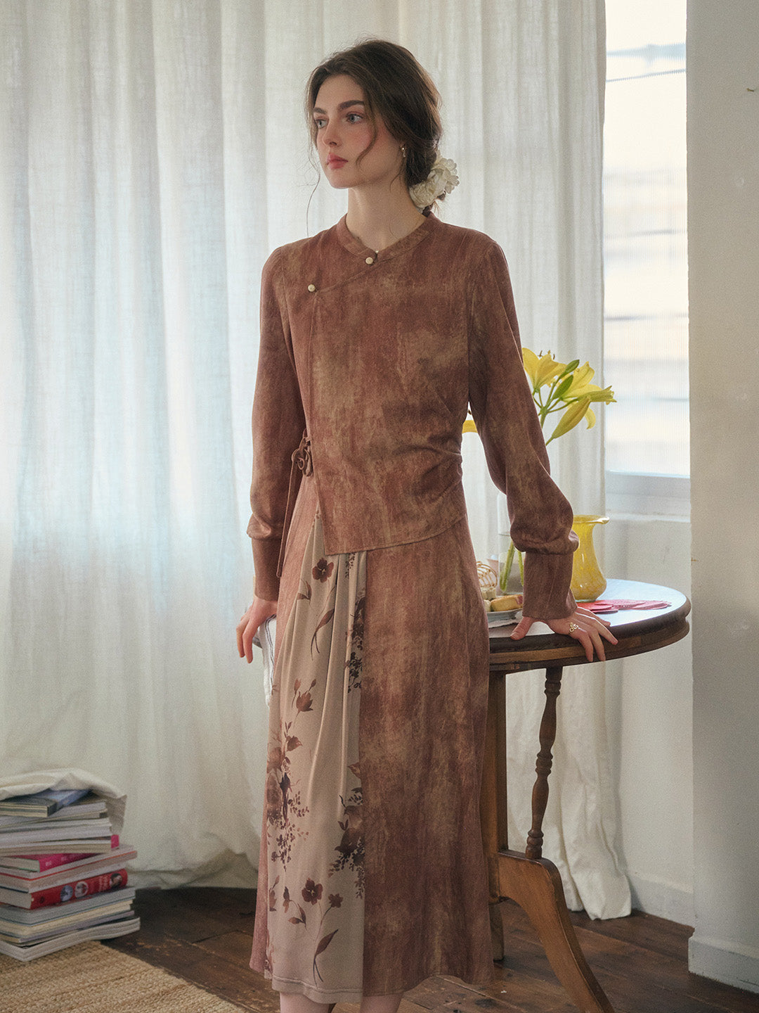 Mira Mandarin Collar Layered Floral Linen Dress