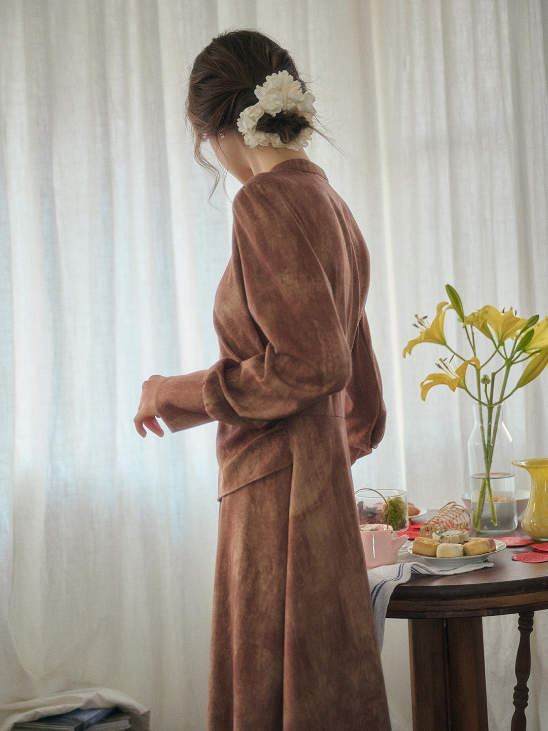 Mira Mandarin Collar Layered Floral Linen Dress