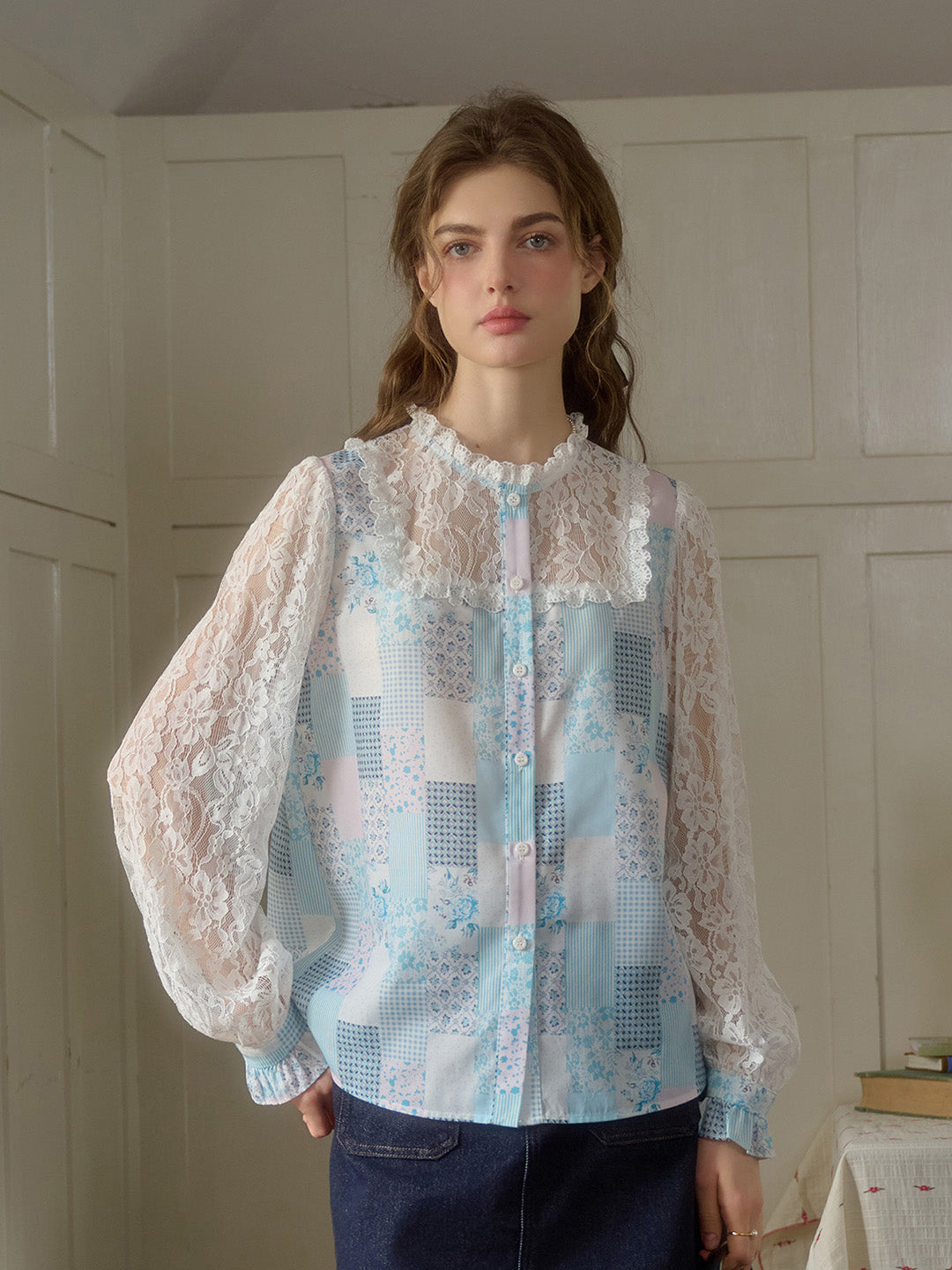 【Final Sale】Vivienne Lace Collar Patchwork Blouse - Yellow