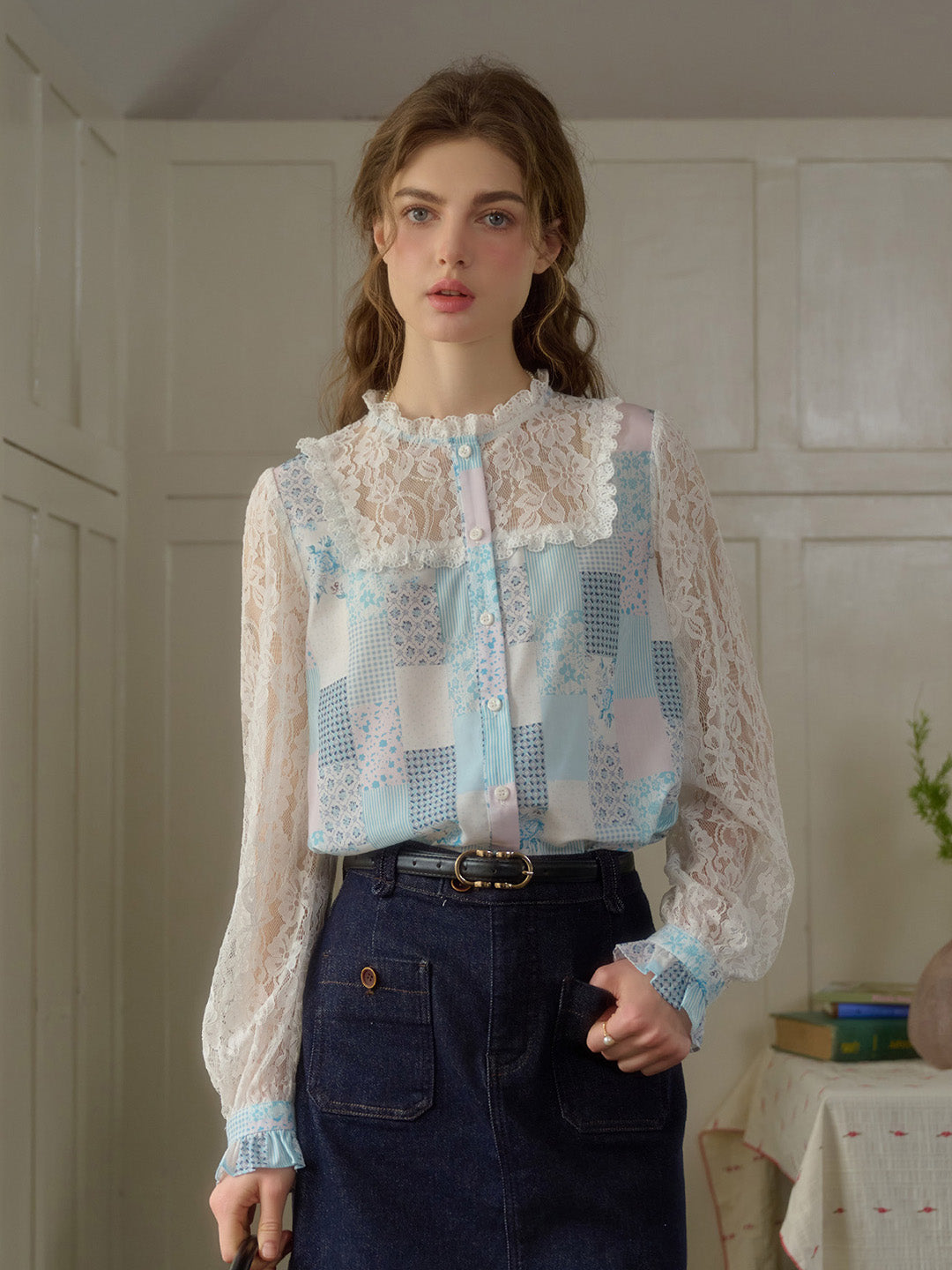 【Final Sale】Vivienne Lace Collar Patchwork Blouse - Yellow