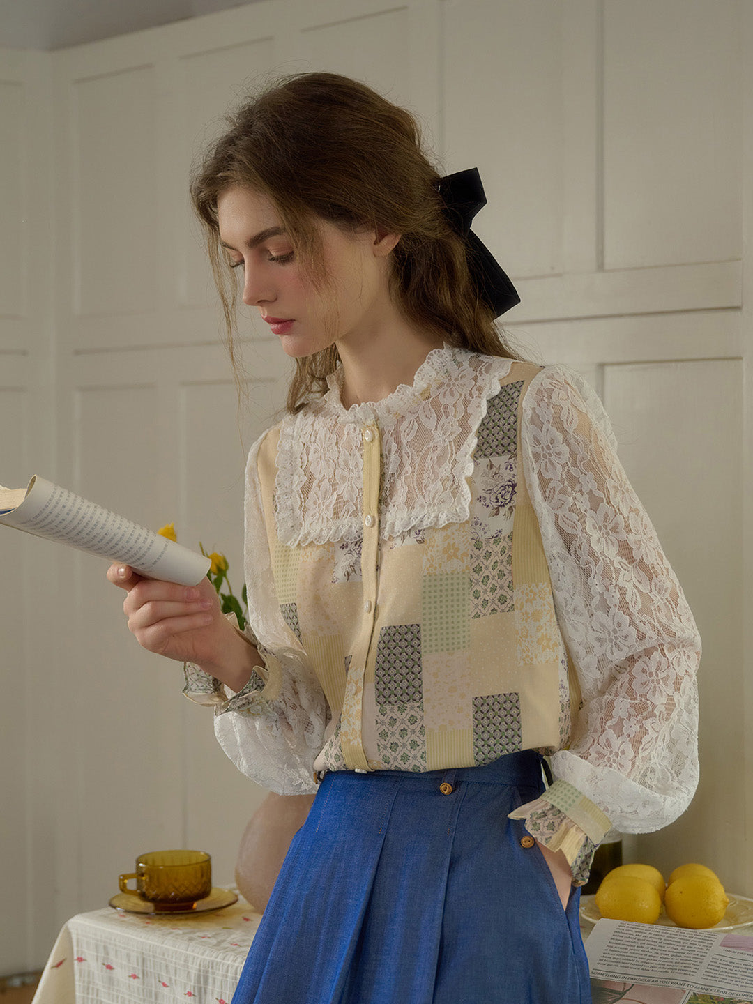 【Final Sale】Vivienne Lace Collar Patchwork Blouse - Yellow