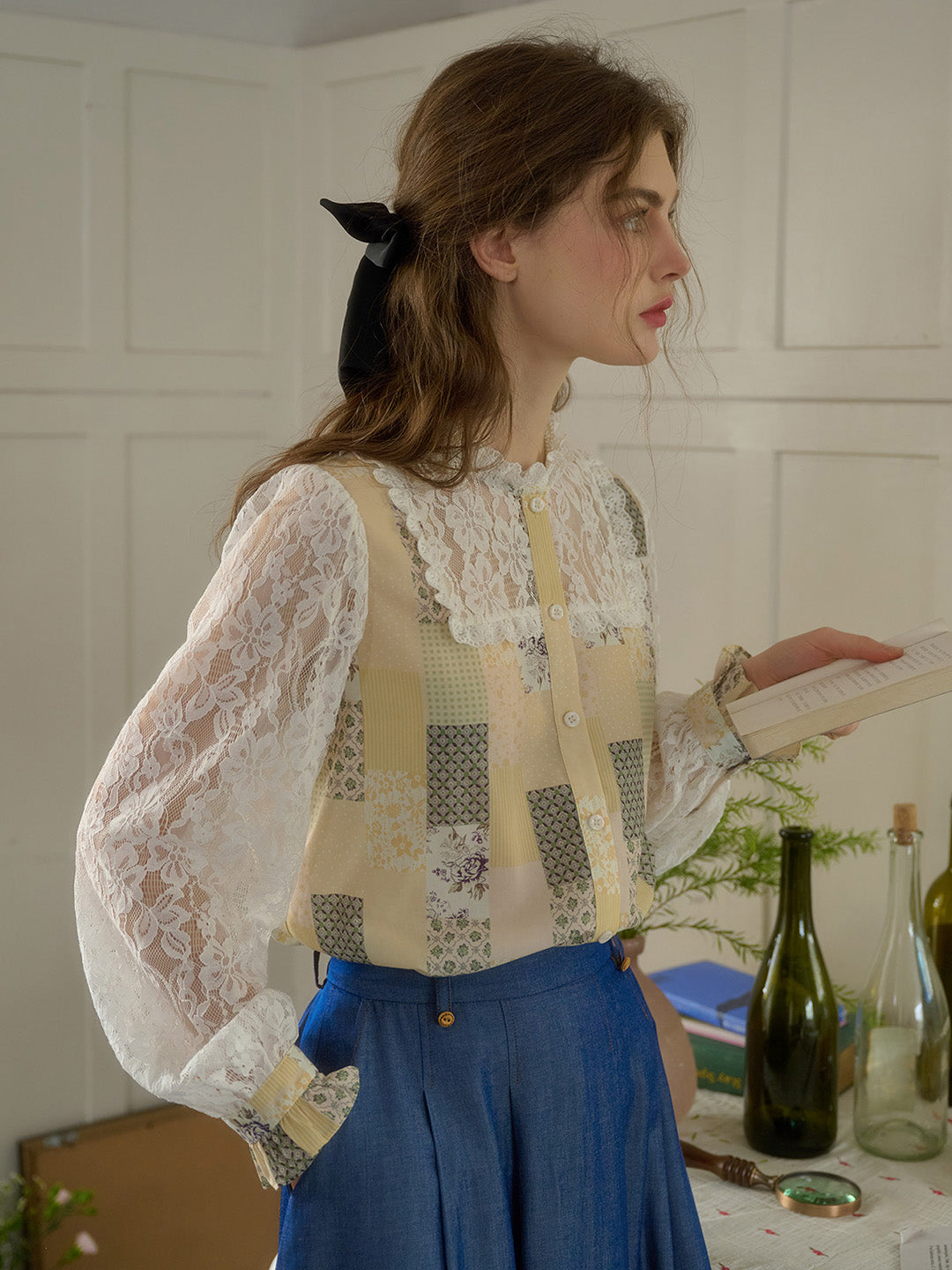 【Final Sale】Vivienne Lace Collar Patchwork Blouse - Yellow