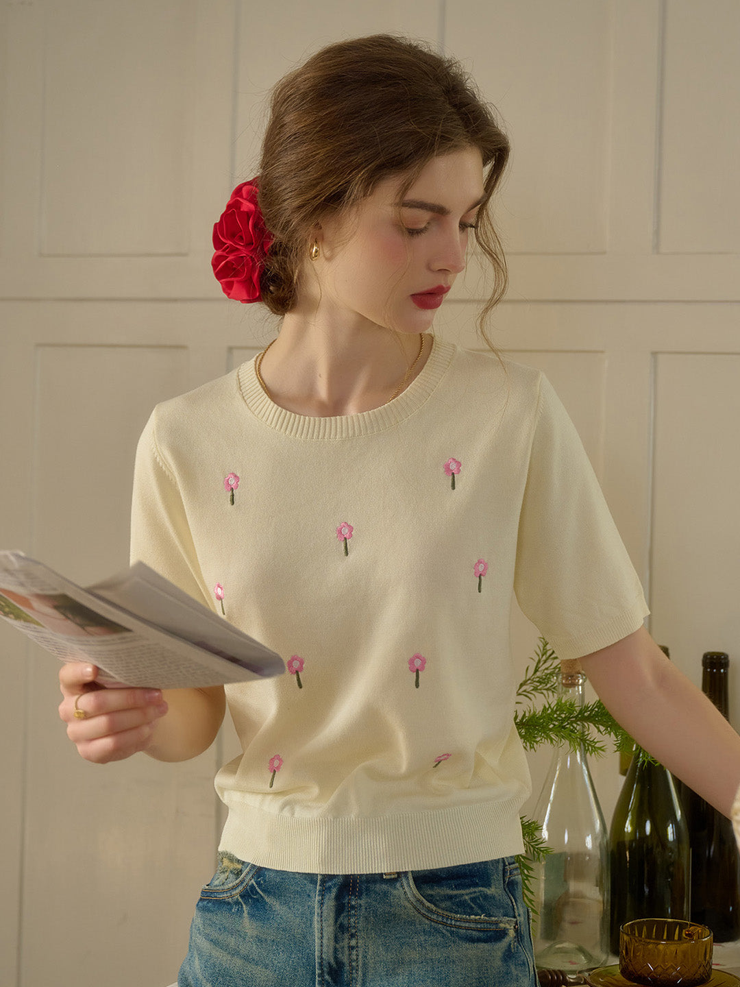 【Final Sale】Lillie Round Neck Embroidery Knit Top