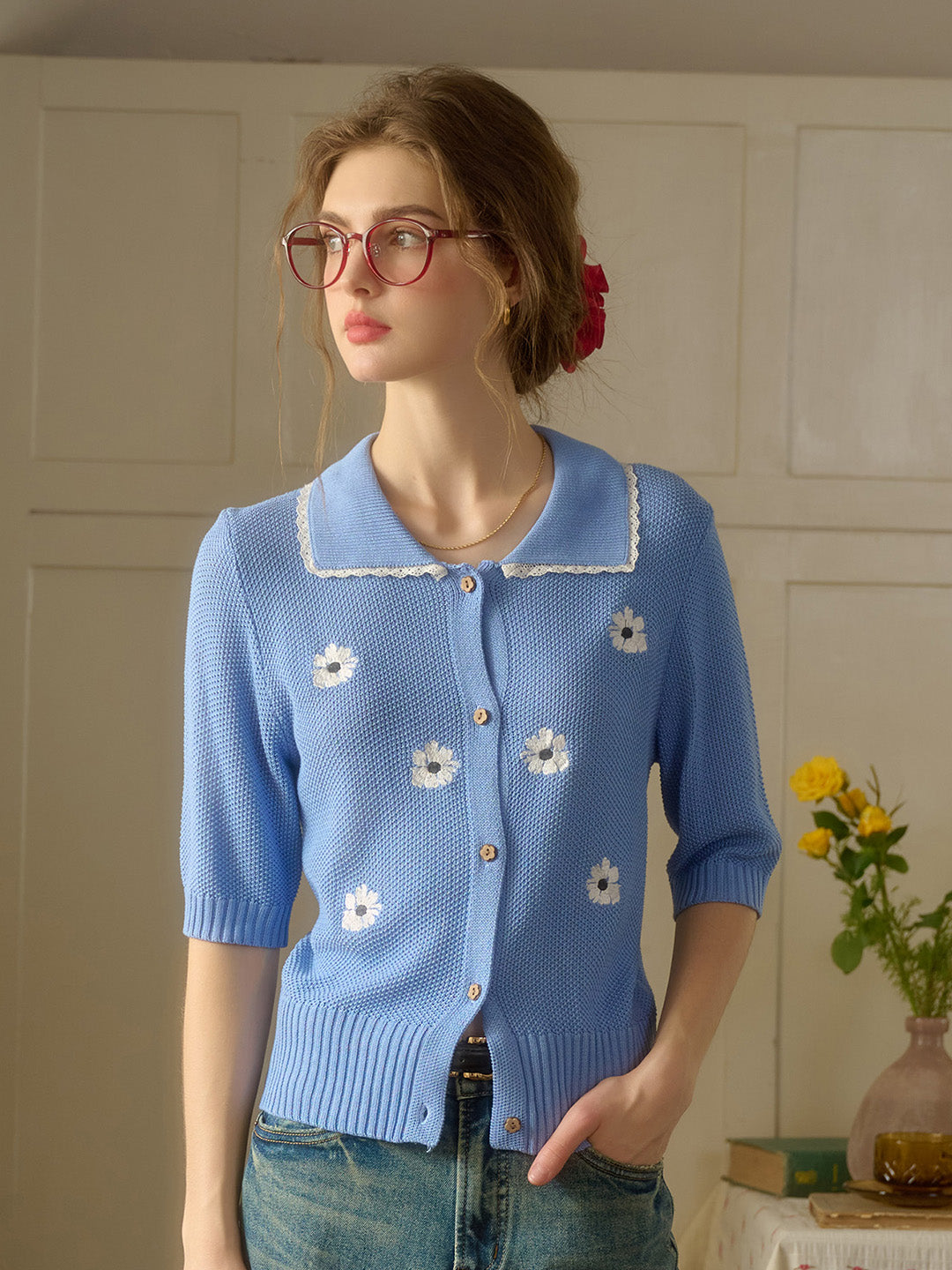 FANTASIA ROUND-NECK CARDIGAN IN ECRU