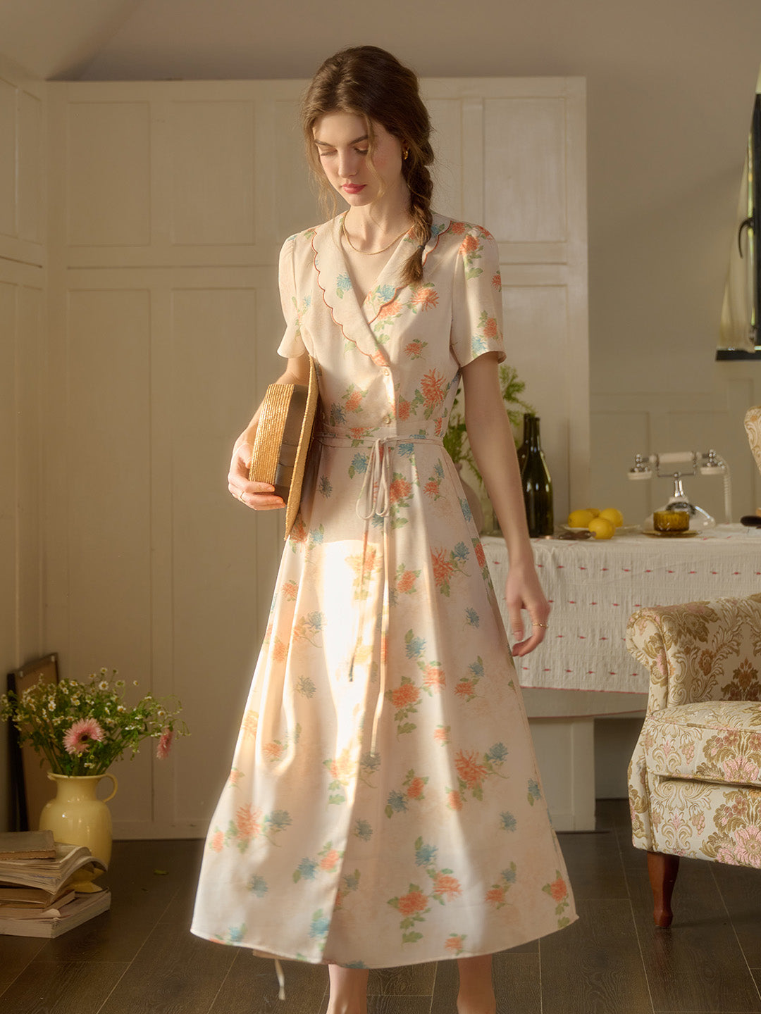【Final Sale】Louisa Ruffle V-Neck Floral Waist Dress - Apricot