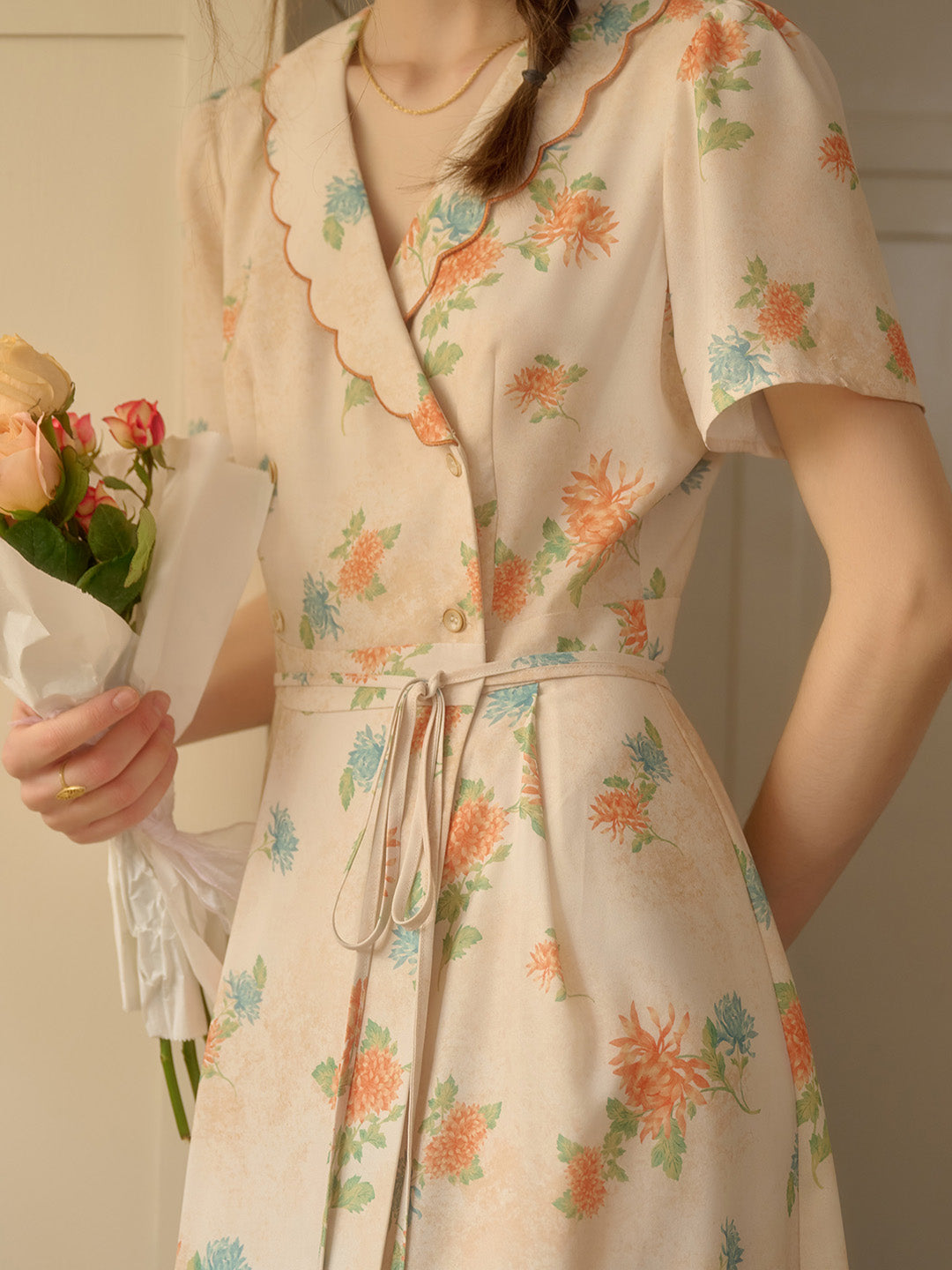 【Final Sale】Louisa Ruffle V-Neck Floral Waist Dress - Apricot