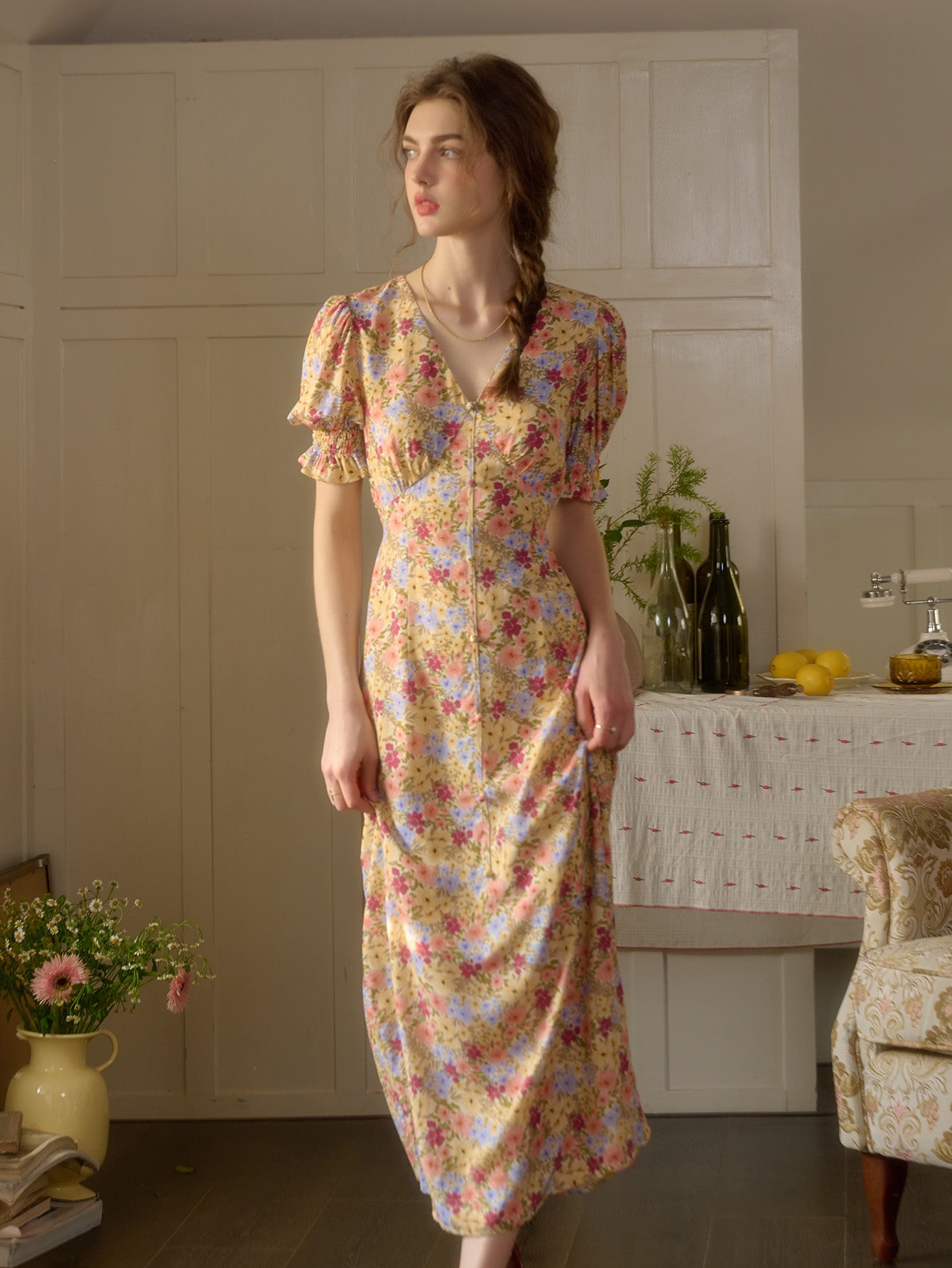 【Final Sale】Xena V-Neck Floral Puff Sleeve Dress - Red