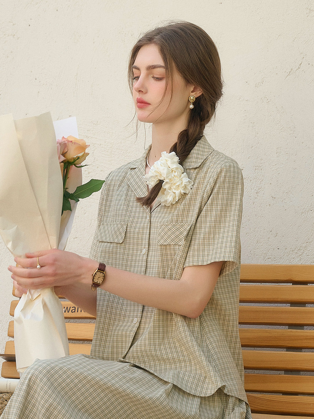 Monica V-Neck Lapel Plaid Cotton Blouse