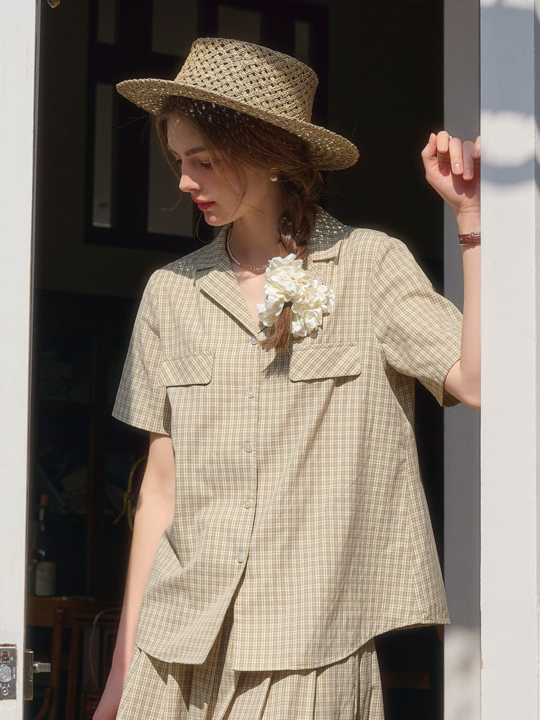 Monica V-Neck Lapel Plaid Cotton Blouse