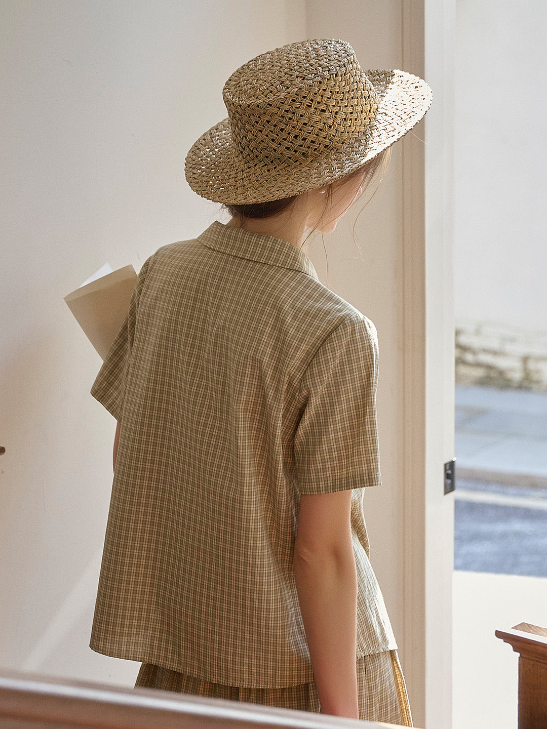 Monica V-Neck Lapel Plaid Cotton Blouse