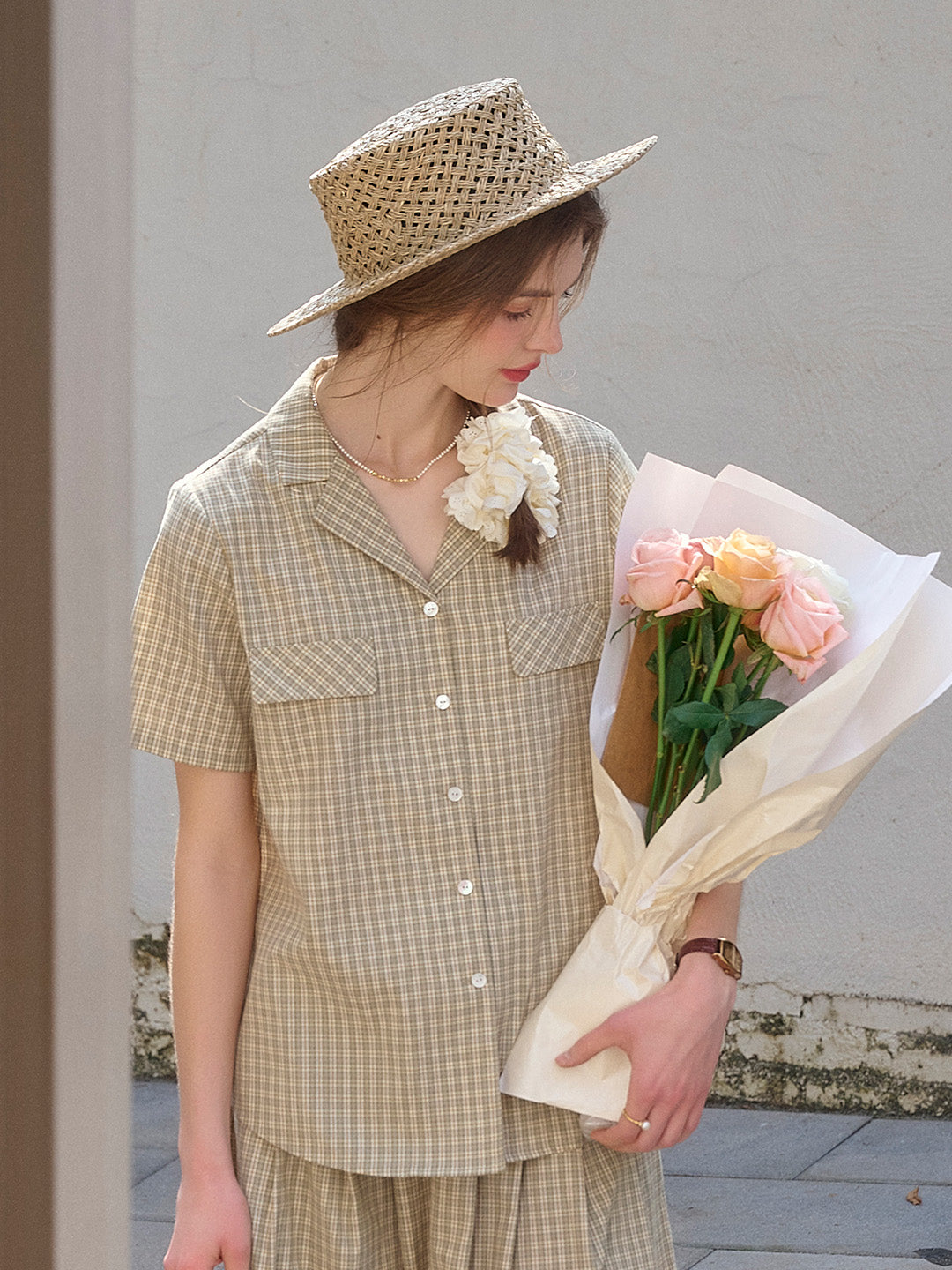 Monica V-Neck Lapel Plaid Cotton Blouse