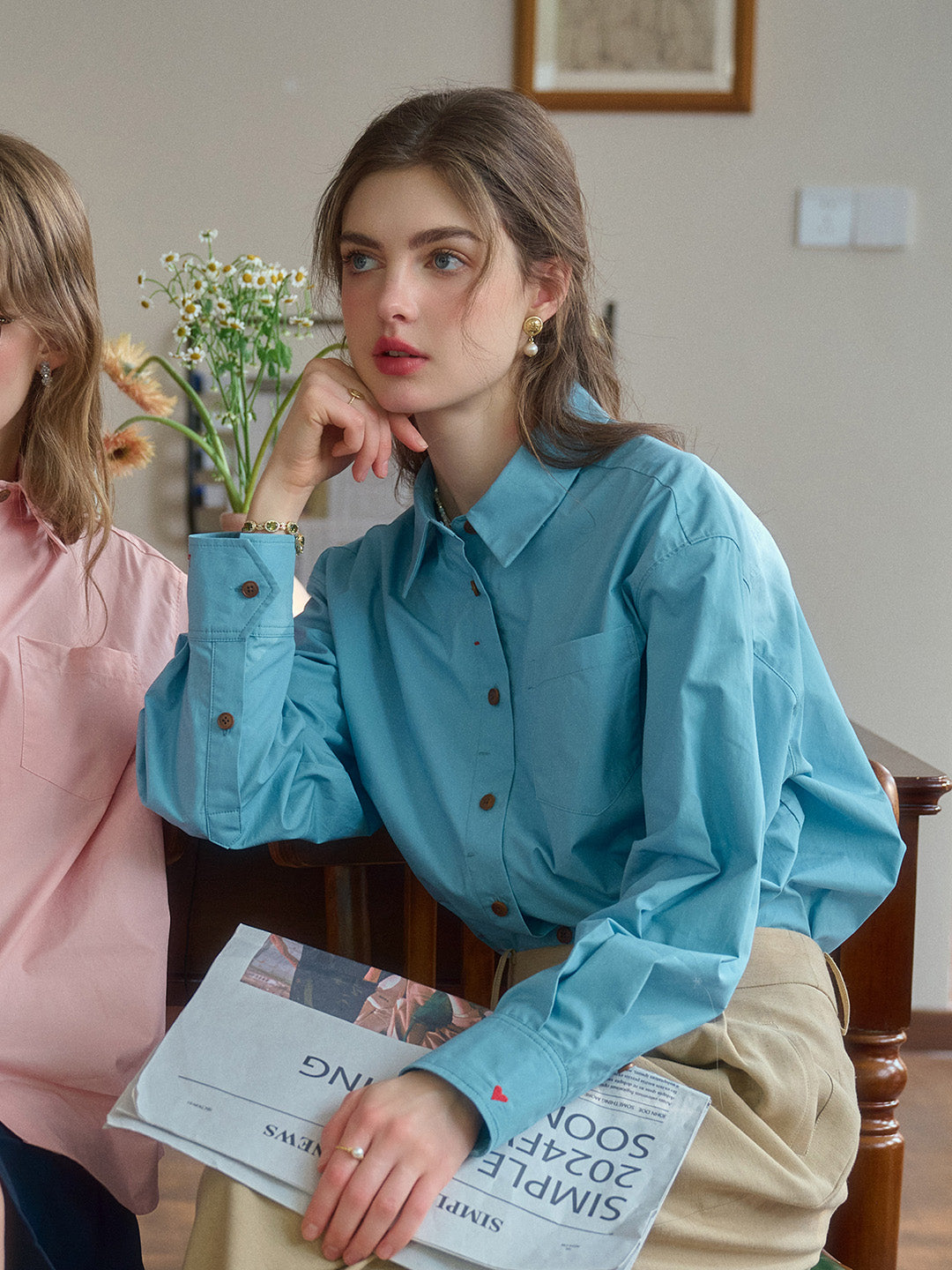Claire Simple Lapel Pocket Blouse - Apricot