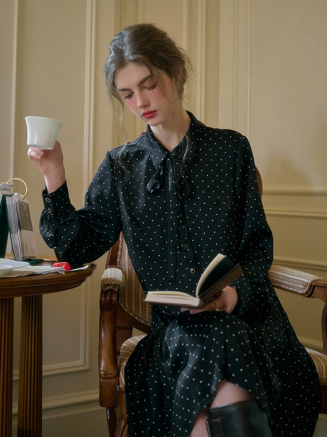 Violet Lapel Dots Pleated Dress