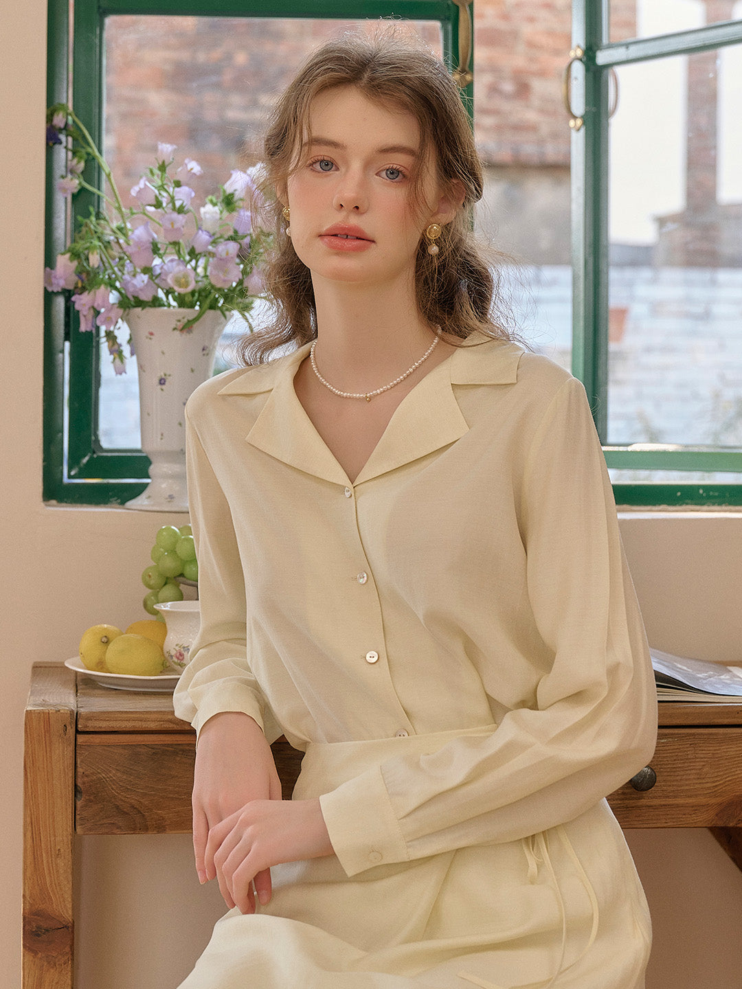 【Final Sale】Isla V-Neck Lapel Wool Shirt- Yellow