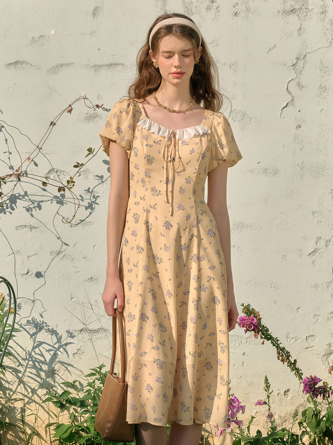 Emma Square Neck Lace Puff Sleeves Dress