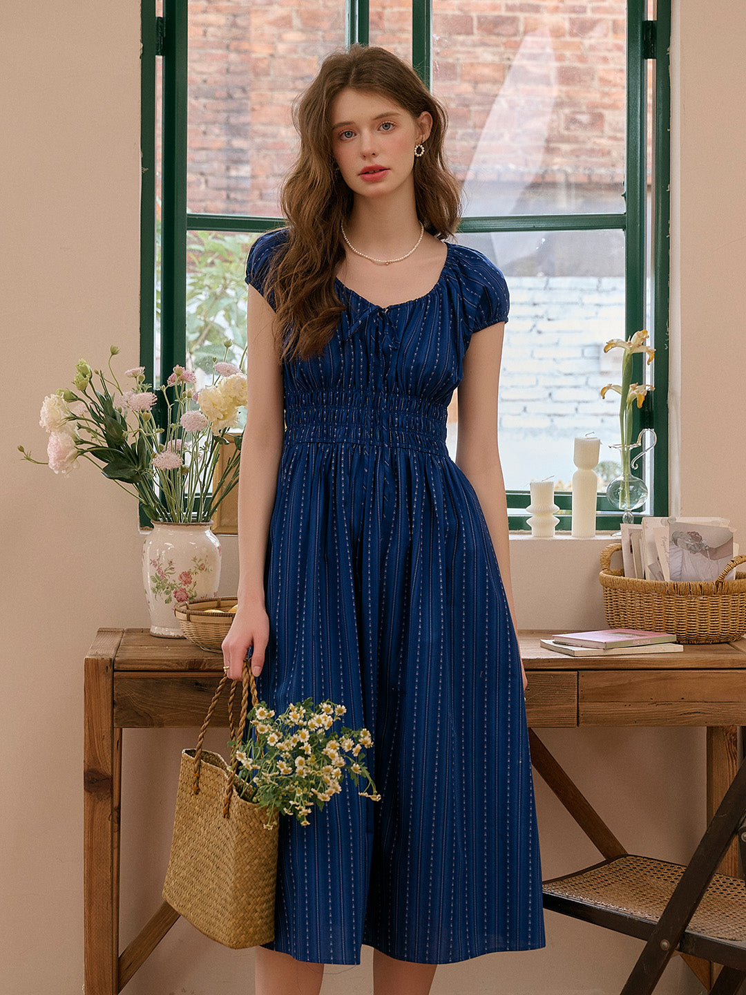 blue dress for baby girl Sapphire Round Neck Waist Cotton Dress, Blue / Xs