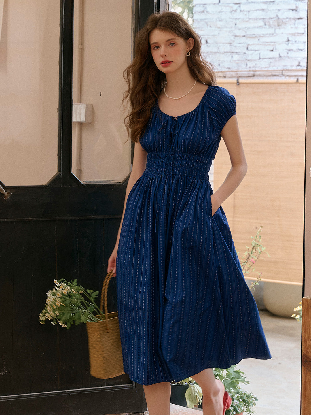 formal cotton dresses Sapphire Round Neck Waist Cotton Dress, Blue / L