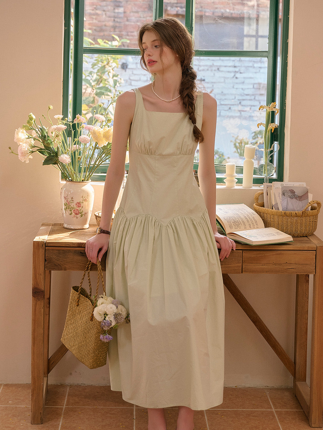 【Final Sale】Jemma Square Neck Patchwork Dress - Green